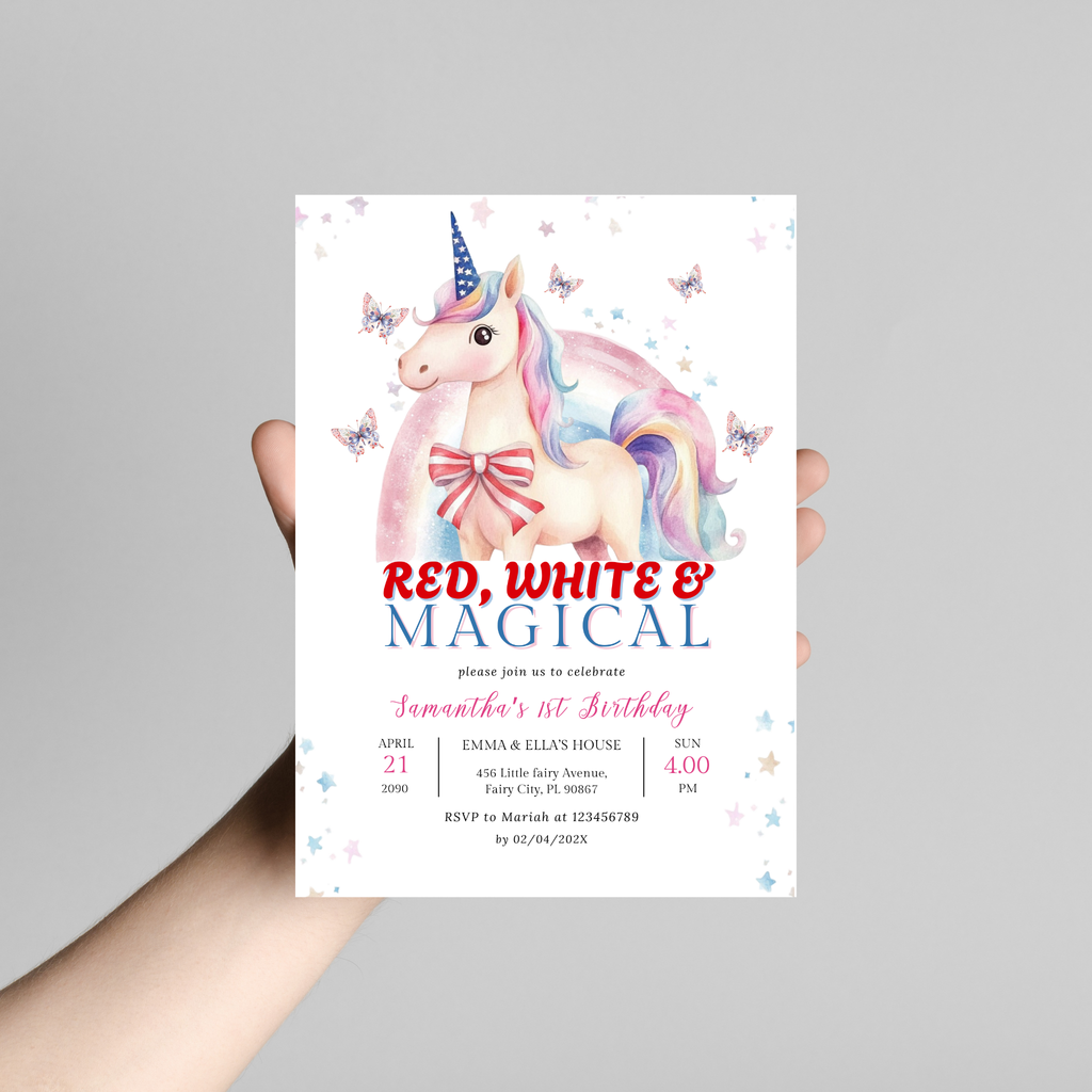 Patriotic Unicorn 1st Birthday Invitation