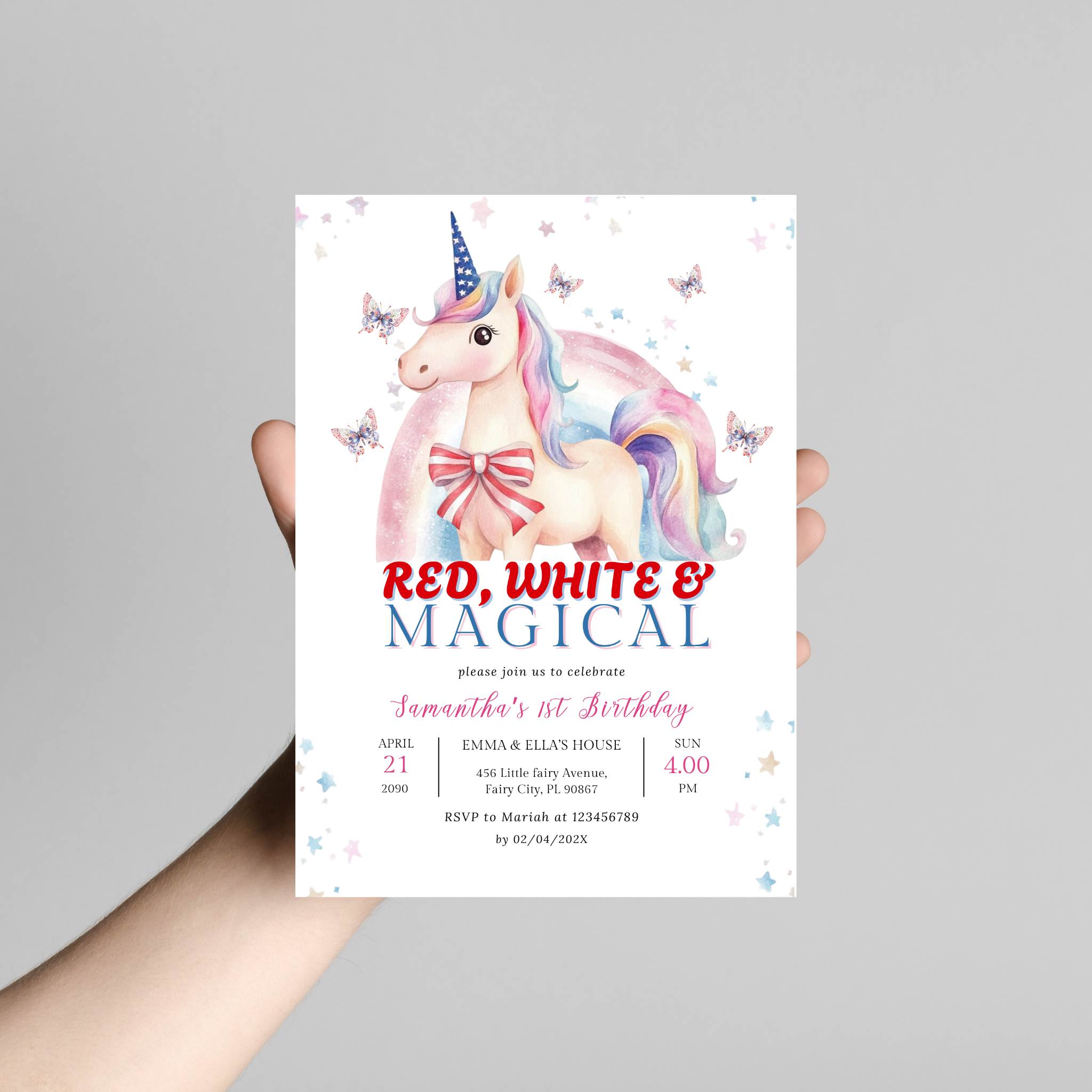 Patriotic Unicorn 1st Birthday Invitation