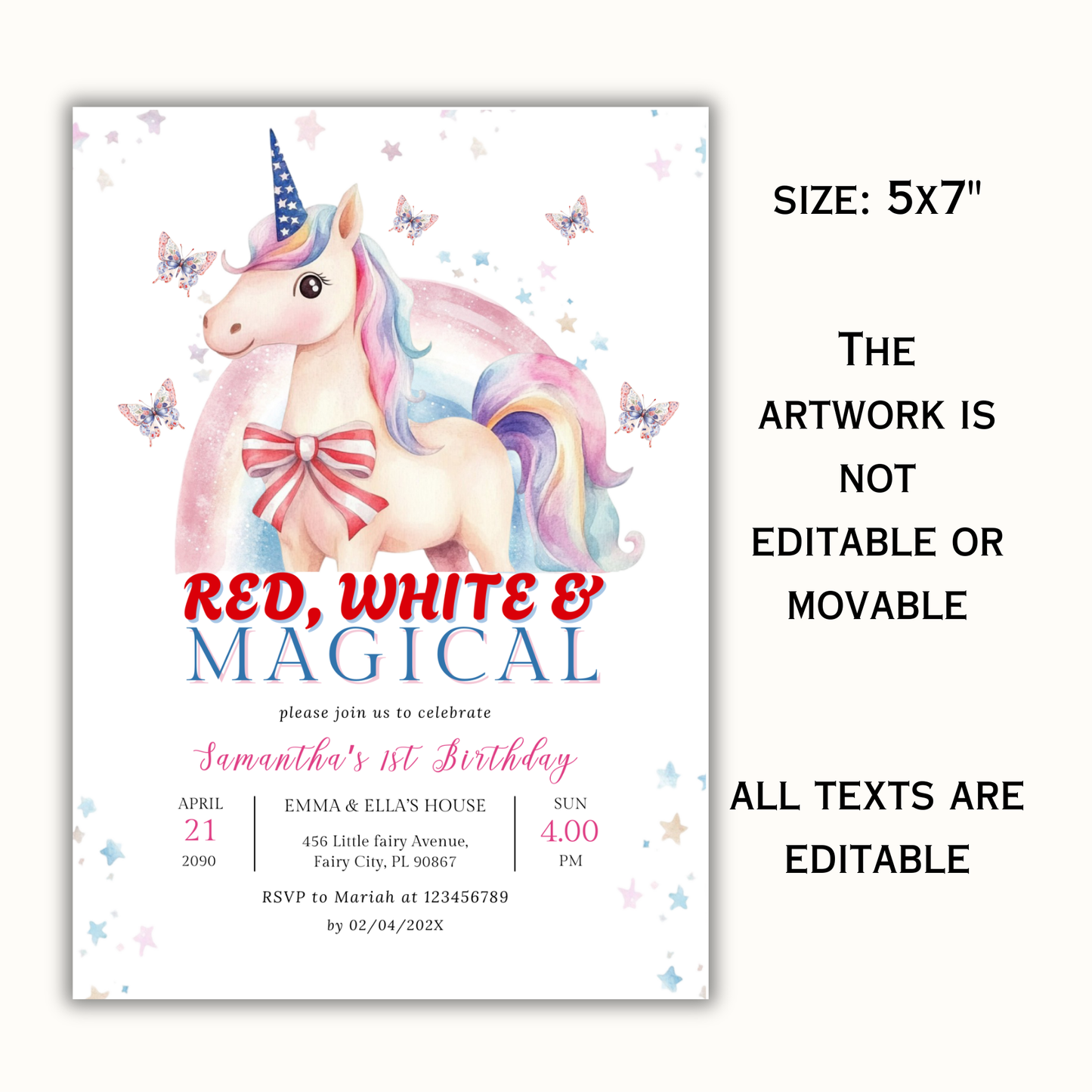 Patriotic Unicorn 1st Birthday Invitation