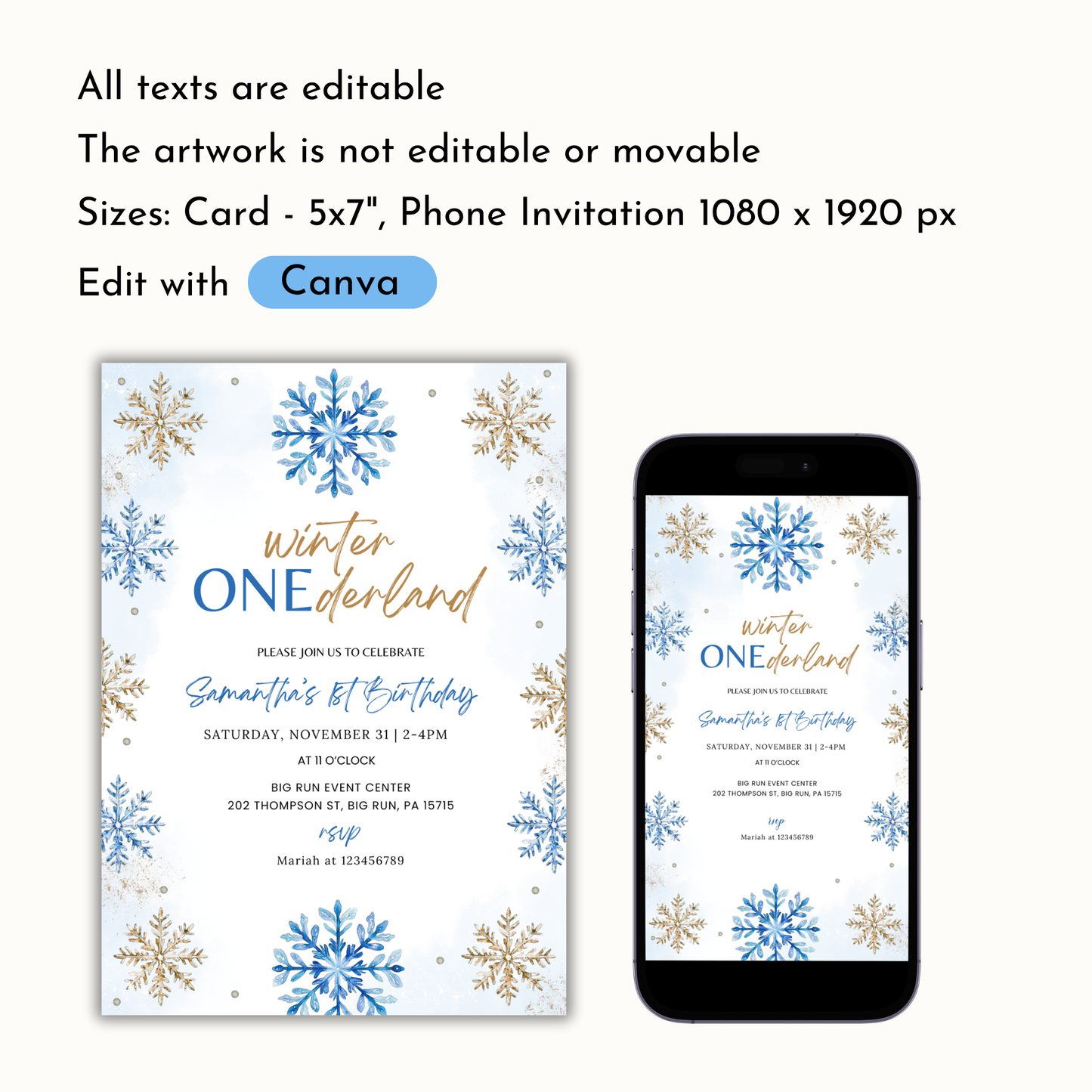 Winter 1st Birthday Invitation - Blue