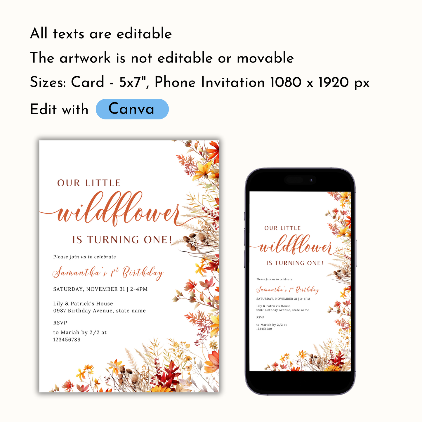 Fall Wildflower 1st Birthday Invitation
