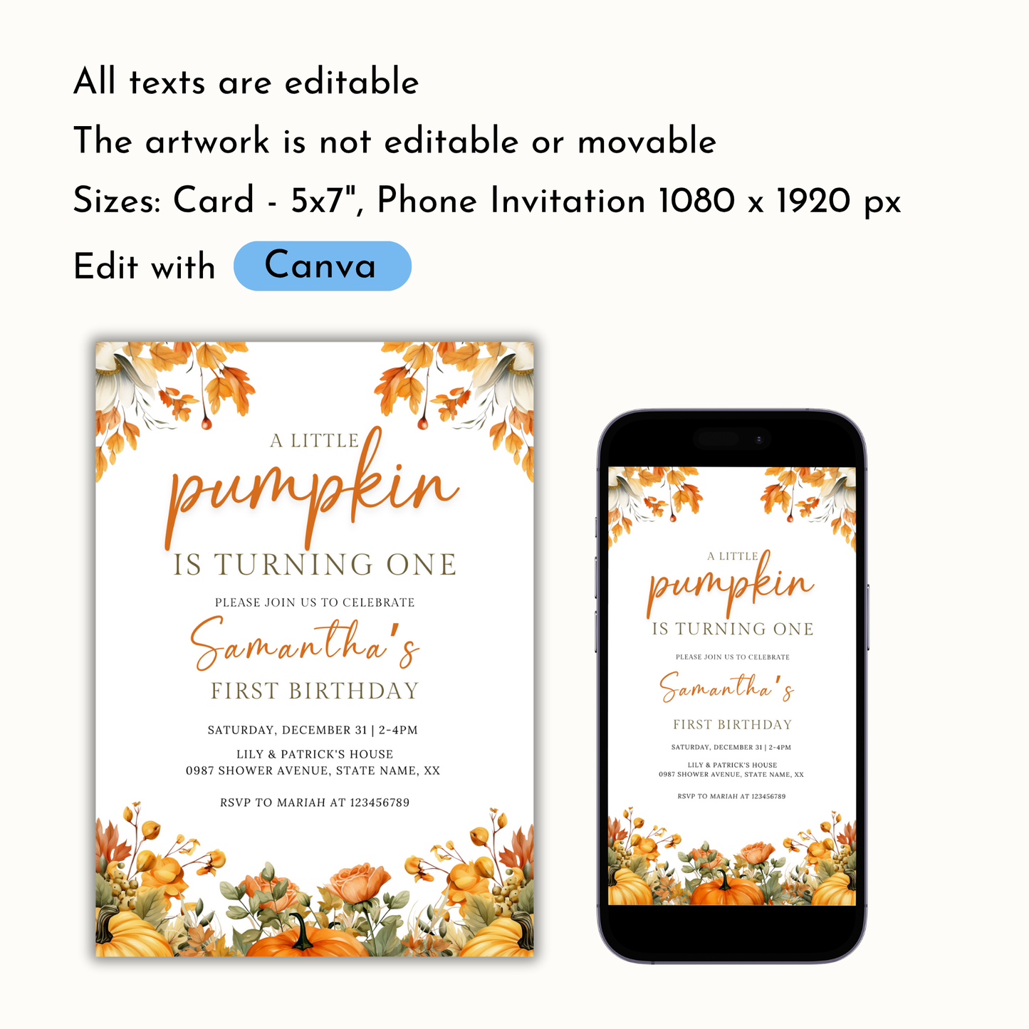 Little Pumpkin 1st Birthday Invitation