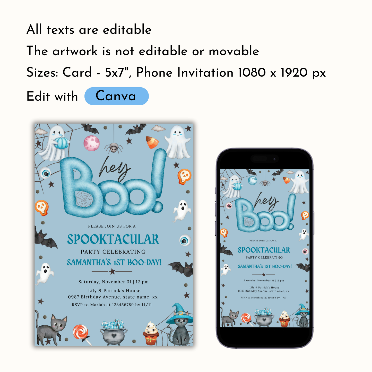Hey Boo 1st Birthday Invitation - Blue