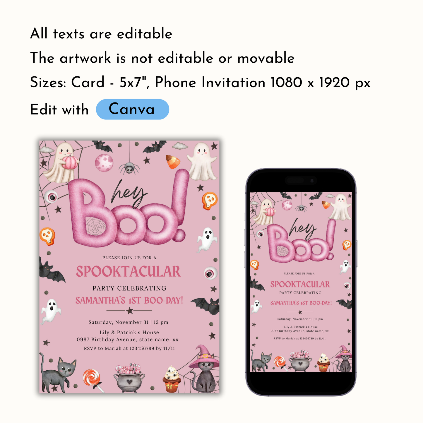 Hey Boo 1st Birthday Invitation - Pink