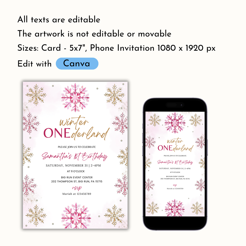 Winter 1st Birthday Invitation - Pink