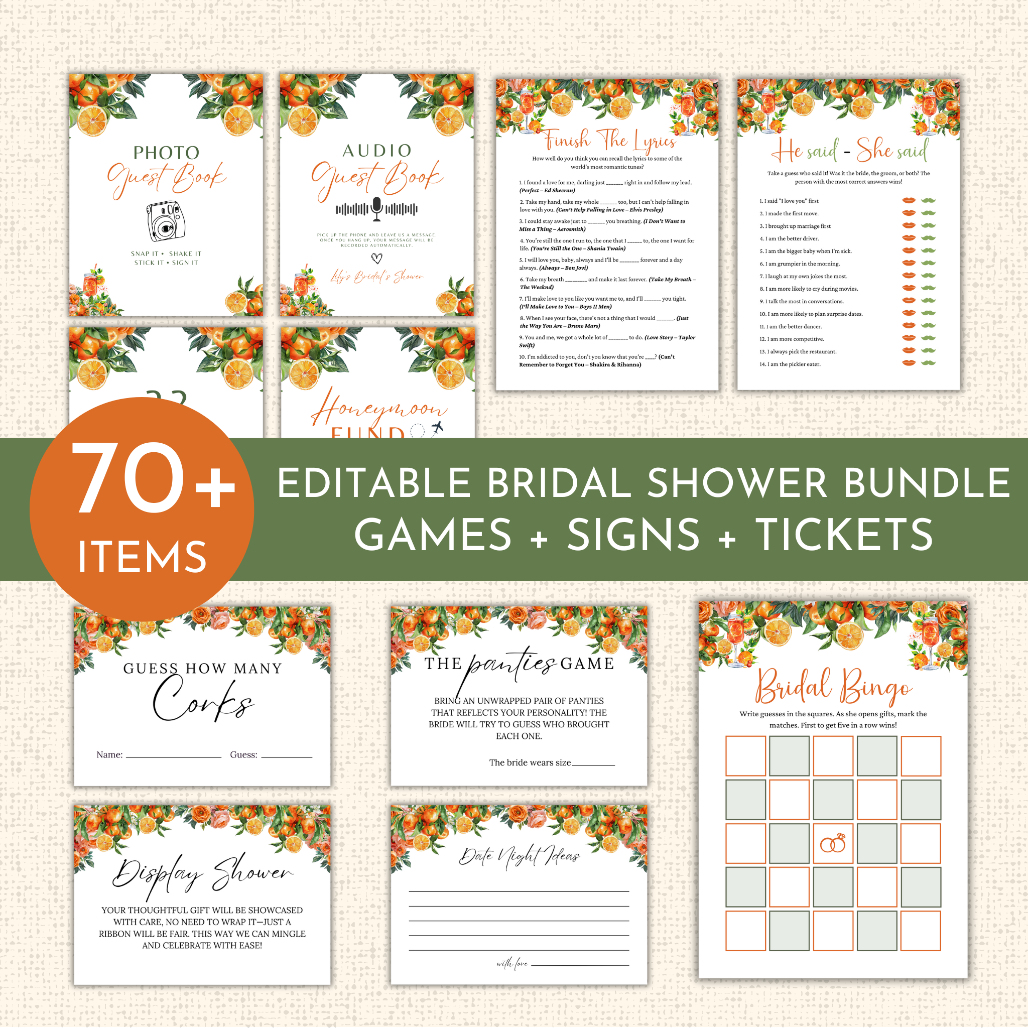 Love at First Spritz Bridal Shower Games & Signs