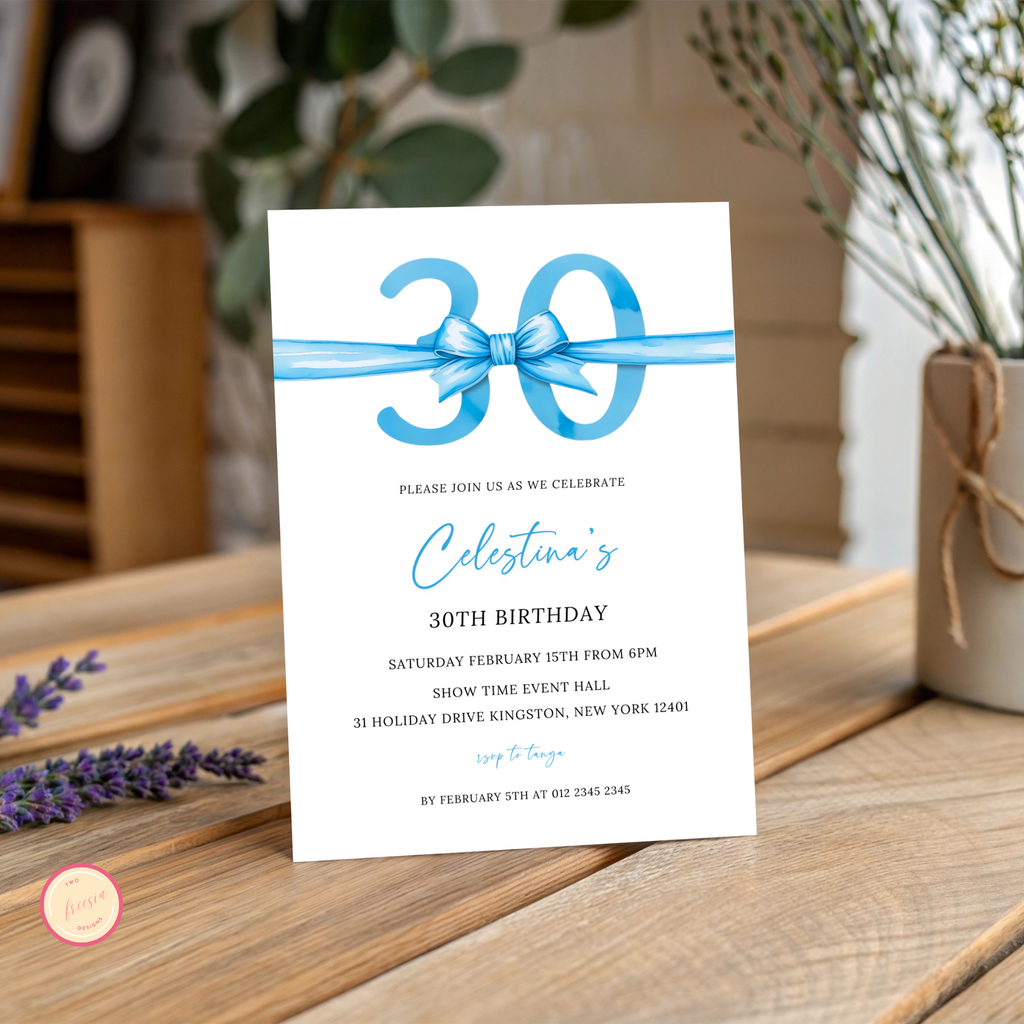 30th Birthday Invitation - Blue Bow