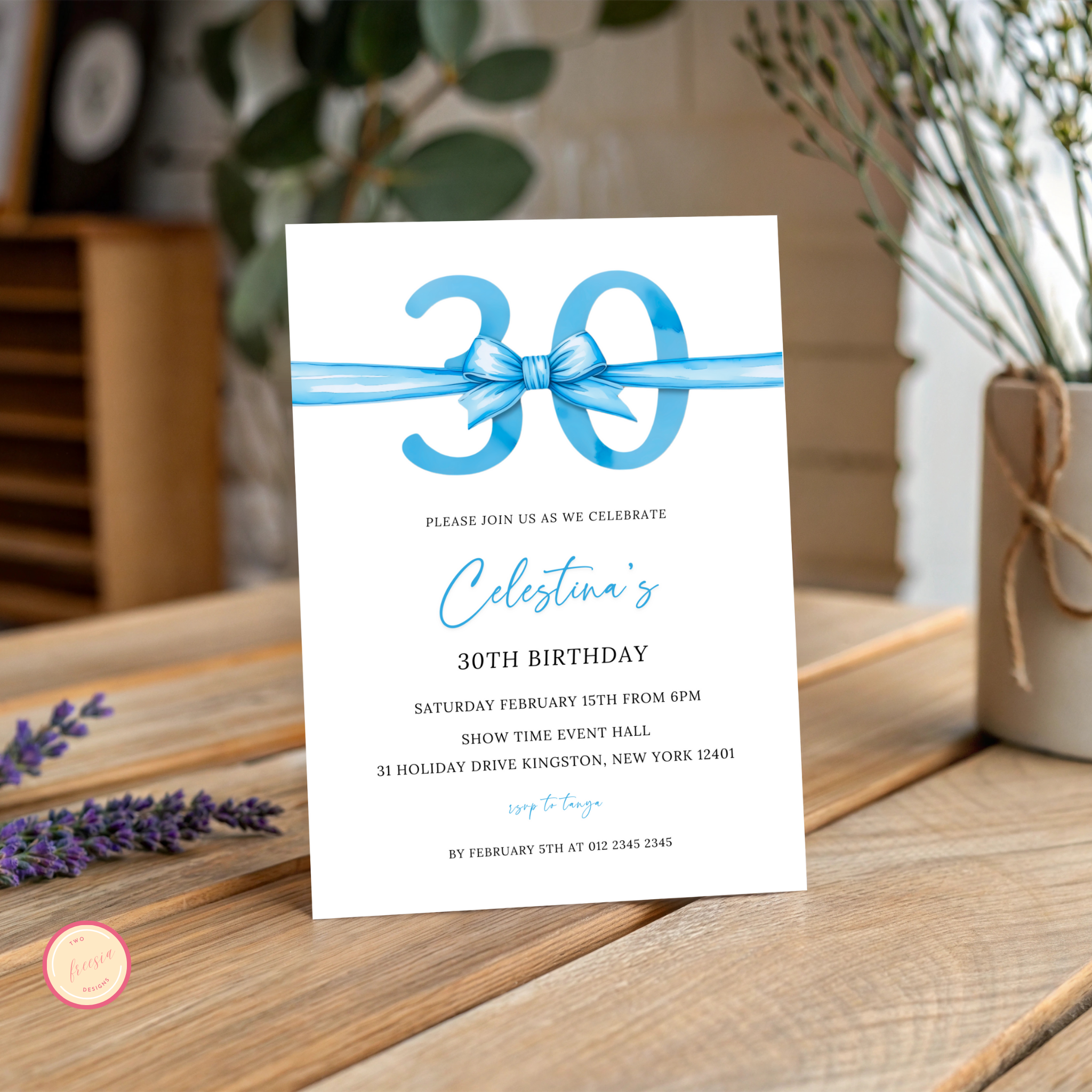 30th Birthday Invitation - Blue Bow