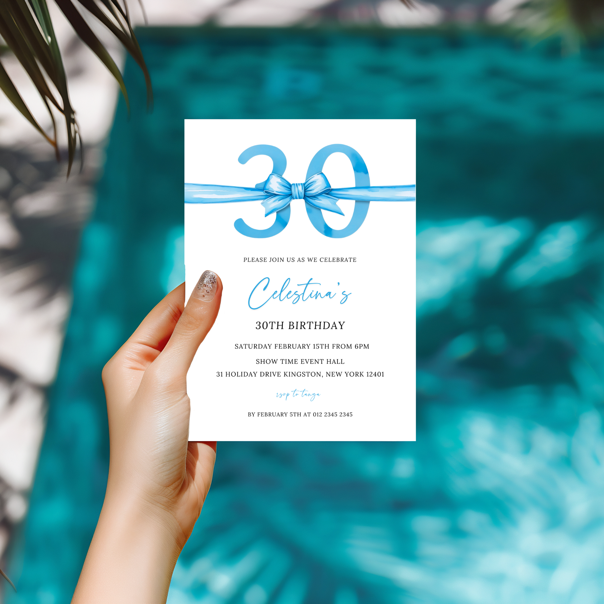 30th Birthday Invitation - Blue Bow