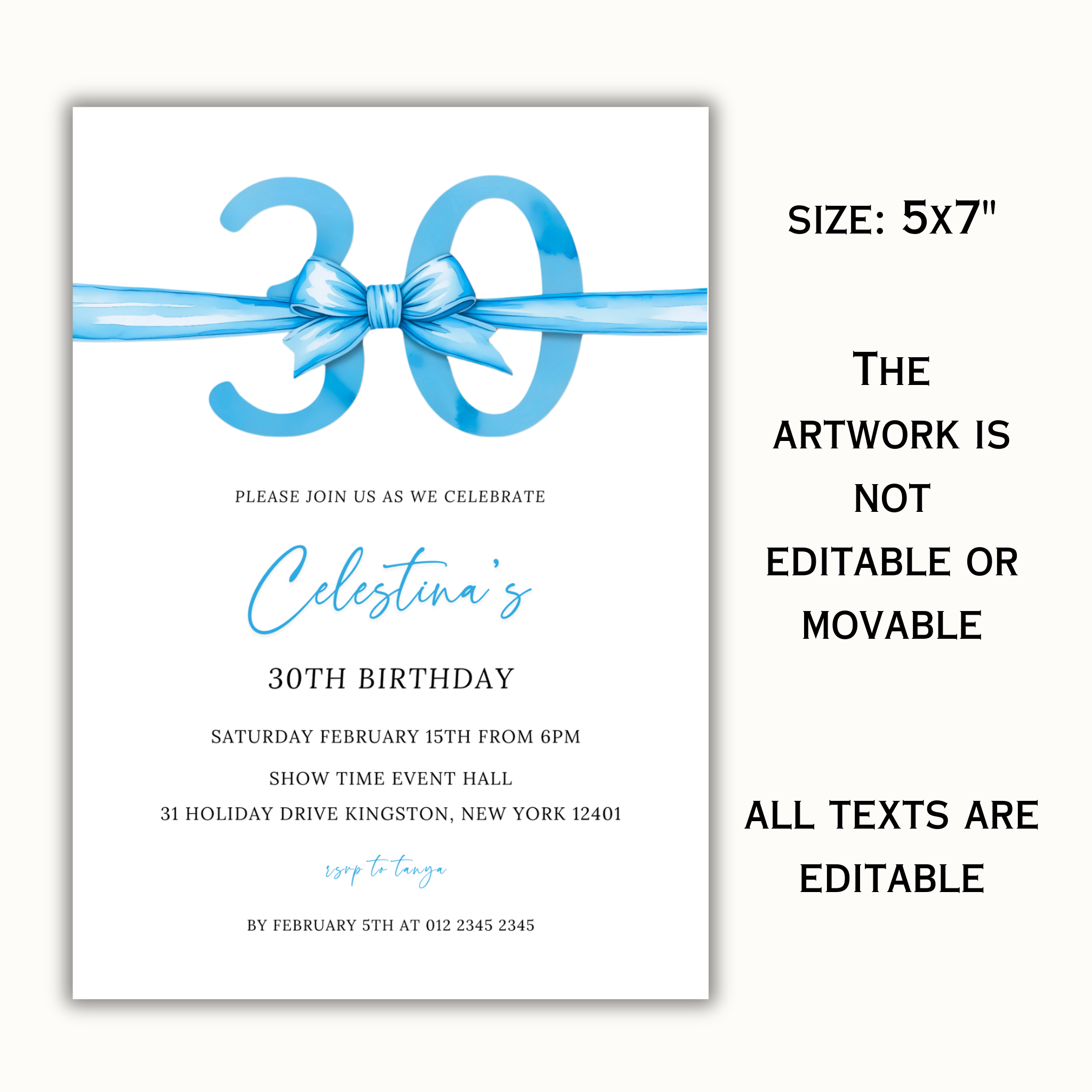30th Birthday Invitation - Blue Bow