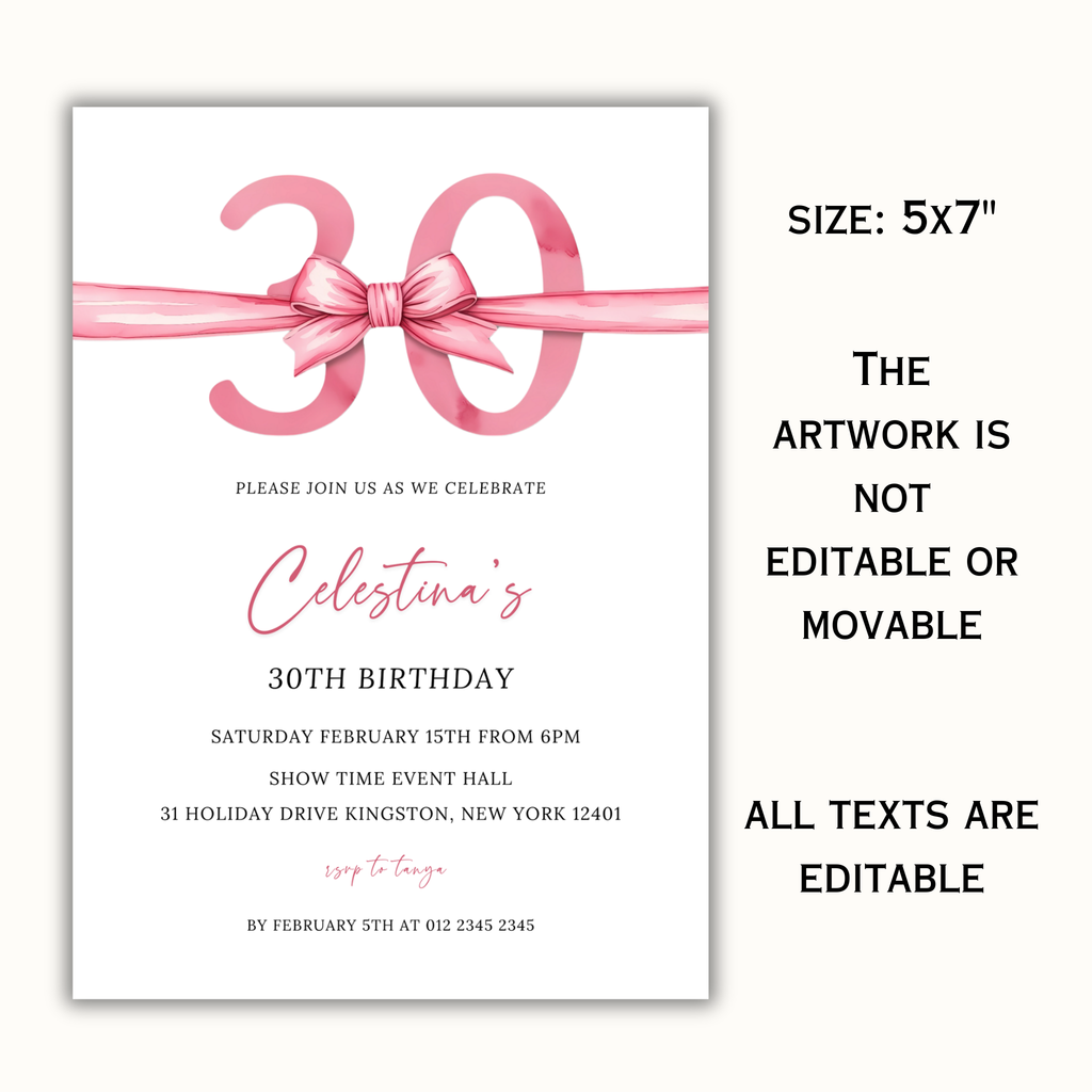 30th Birthday Invitation - Pink Bow