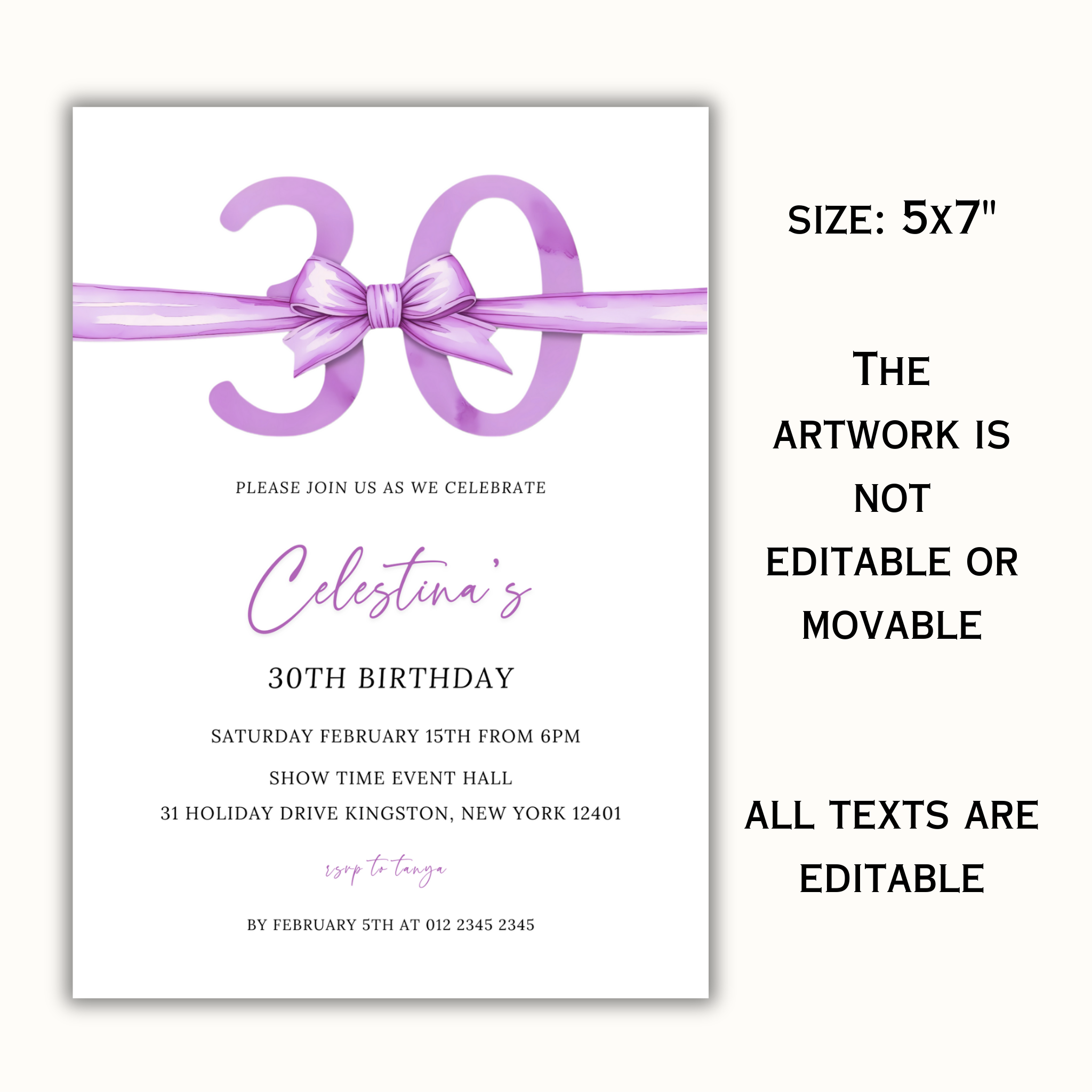30th Birthday Invitation - Purple Bow
