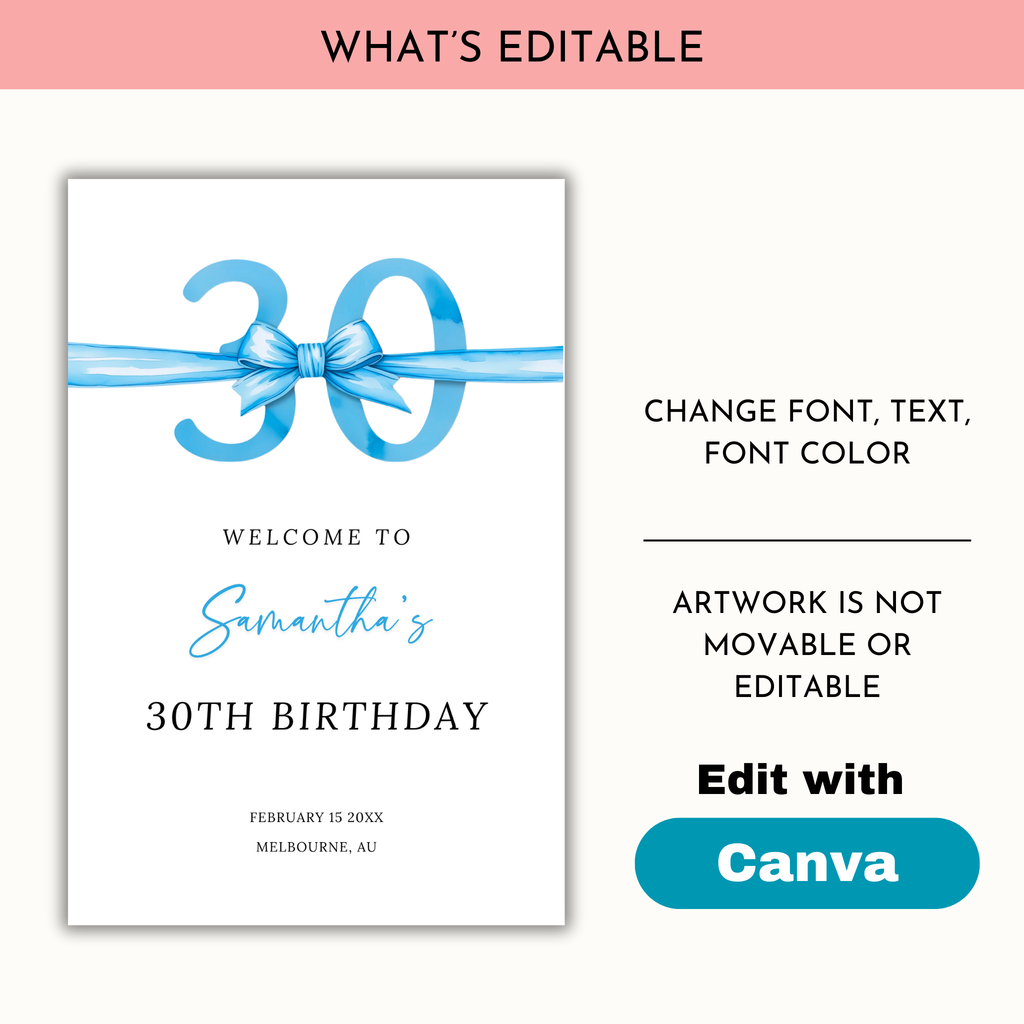 30th Birthday Welcome Sign - Blue Bow