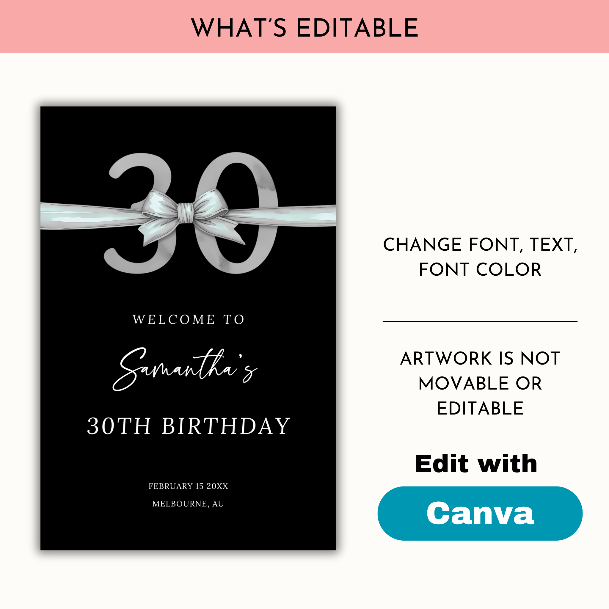 30th Birthday Welcome Sign - Silver Bow