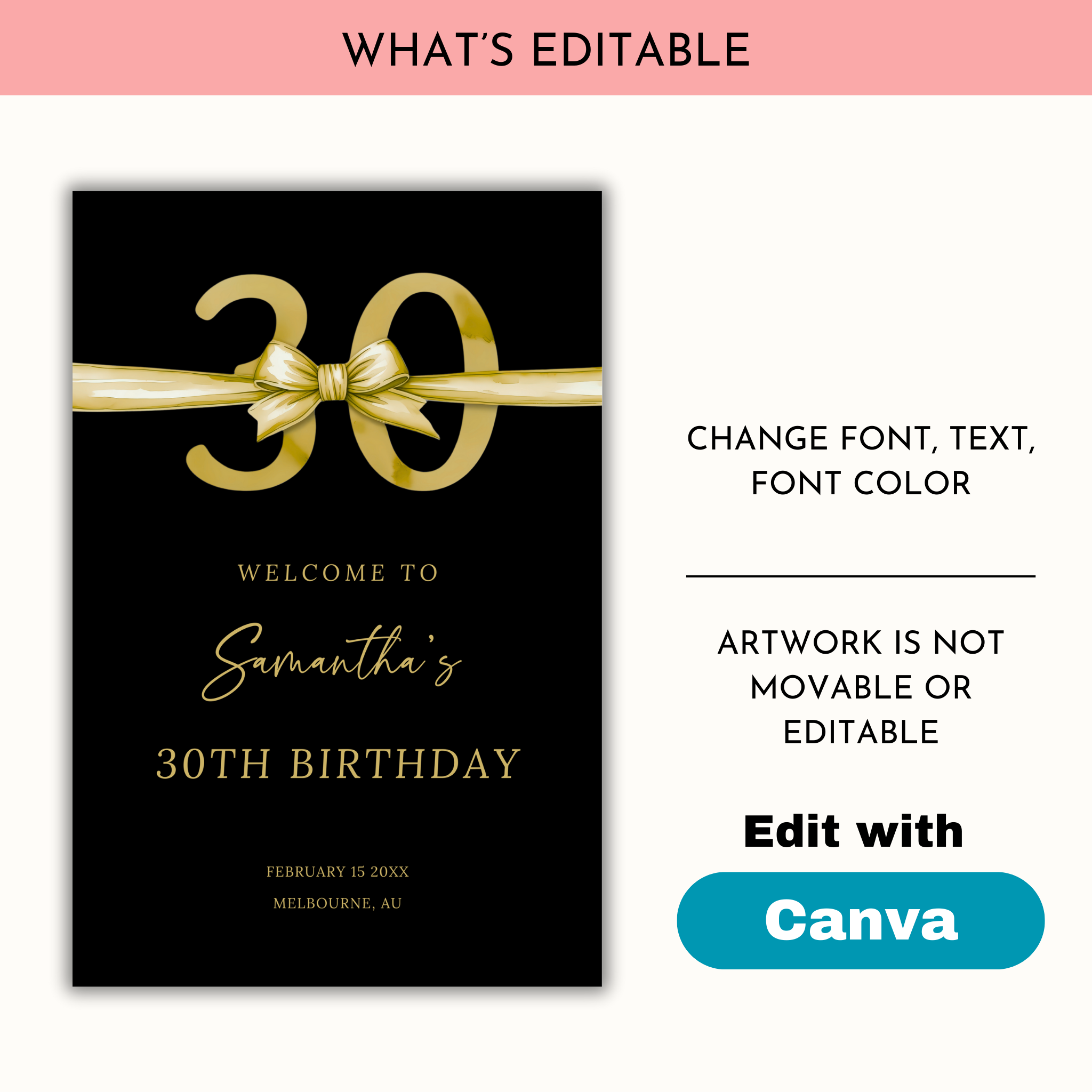 30th Birthday Welcome Sign - Gold Bow
