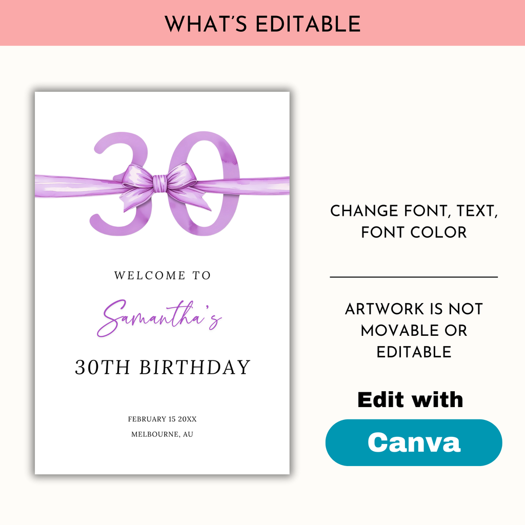 30th Birthday Welcome Sign - Purple Bow