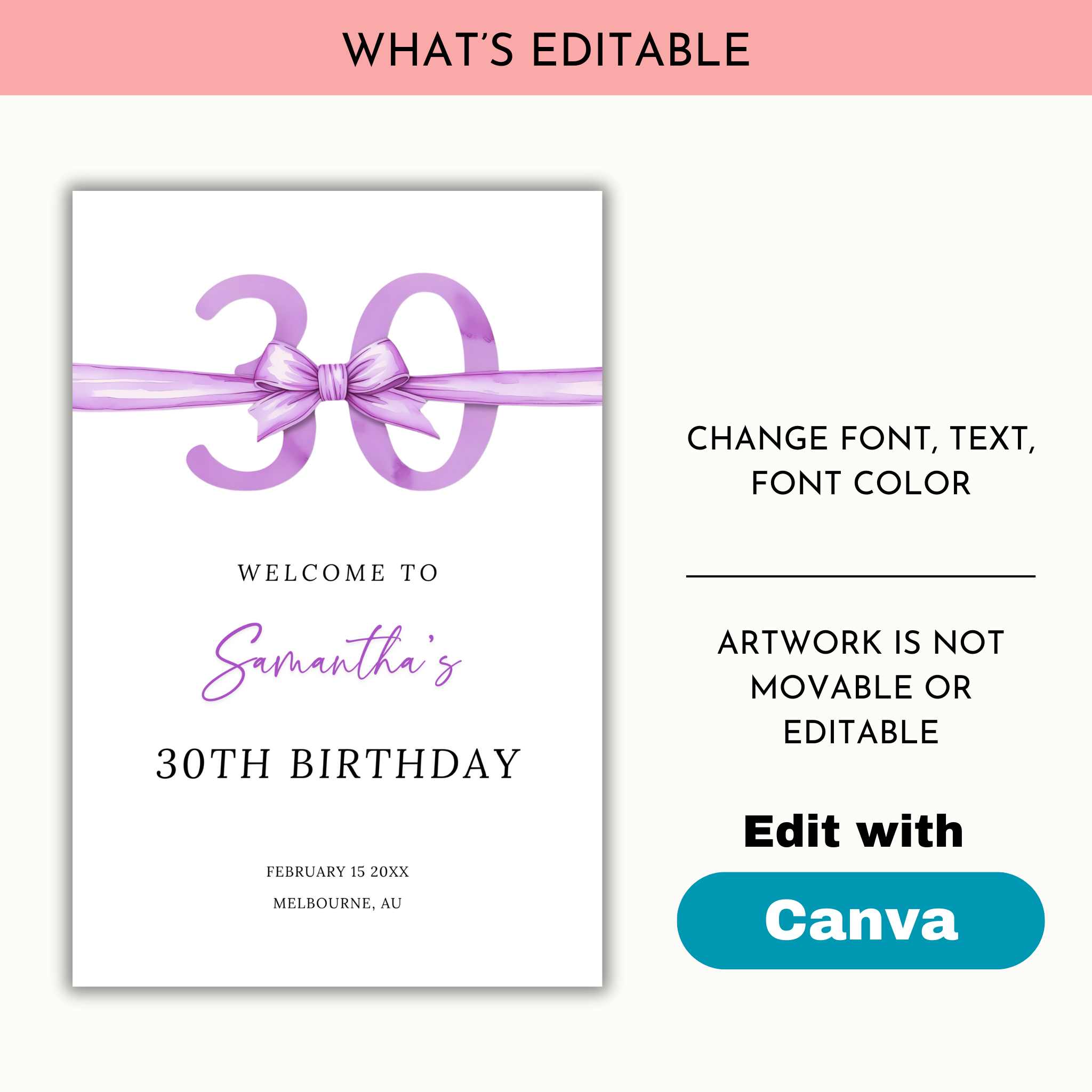 30th Birthday Welcome Sign - Purple Bow