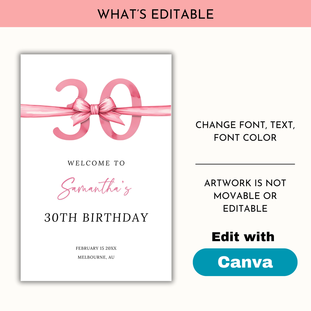 30th Birthday Welcome Sign - Pink Bow