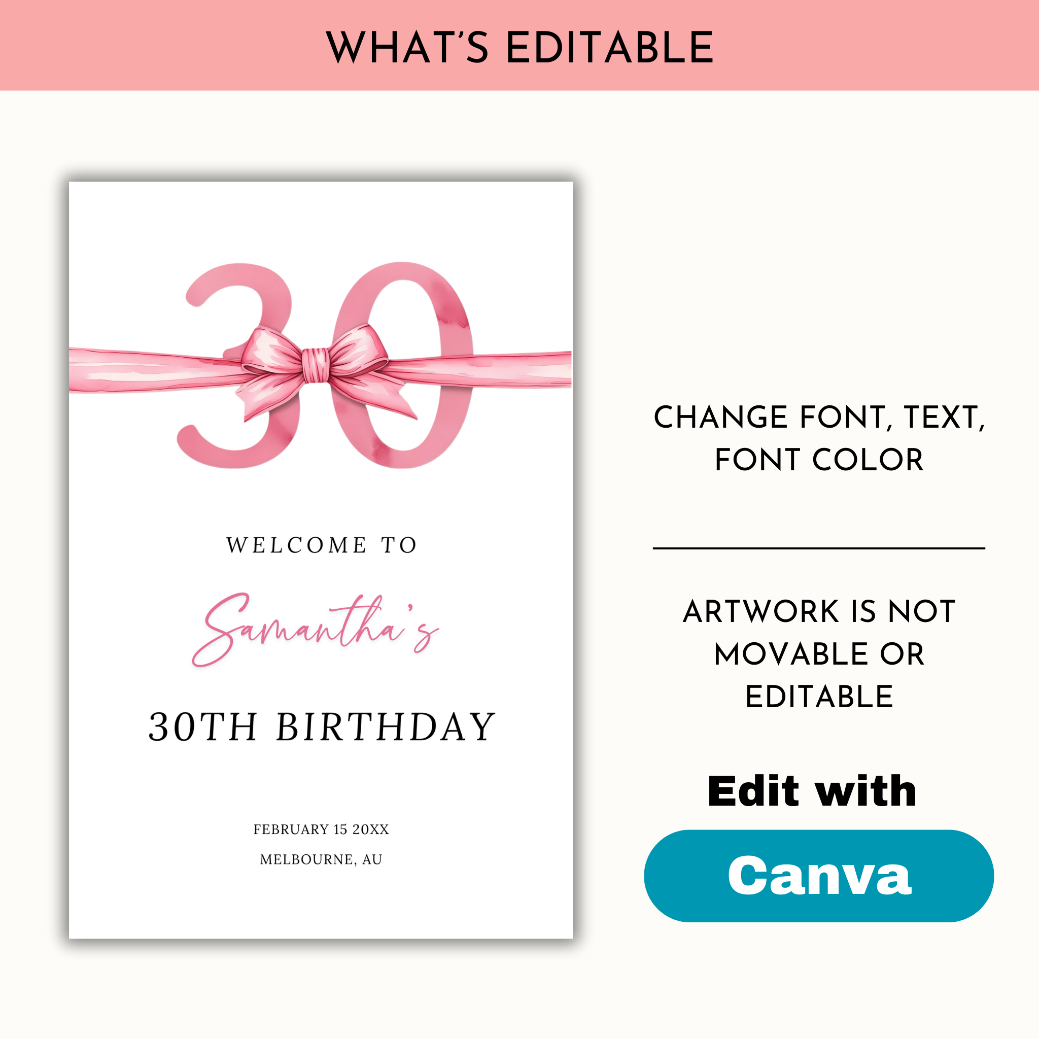 30th Birthday Welcome Sign - Pink Bow