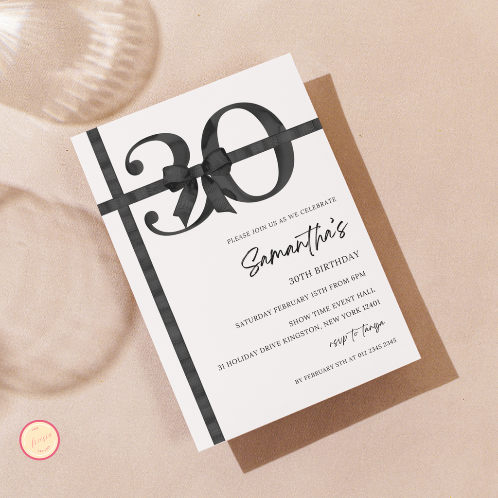 30th Birthday Invitation - Black Bow