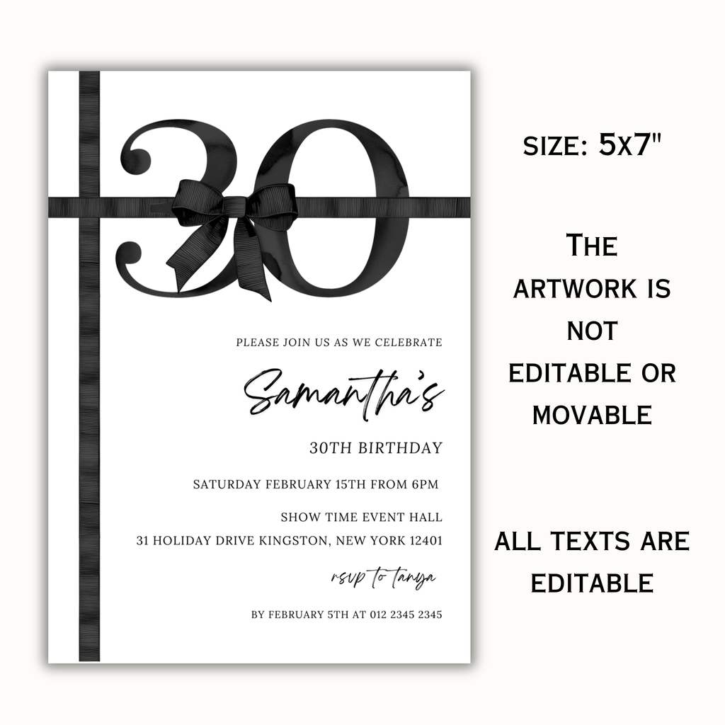 30th Birthday Invitation - Black Bow