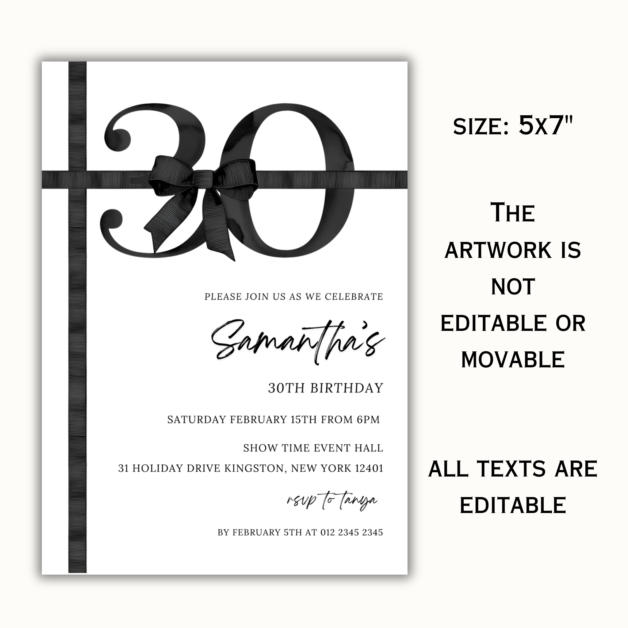 30th Birthday Invitation - Black Bow