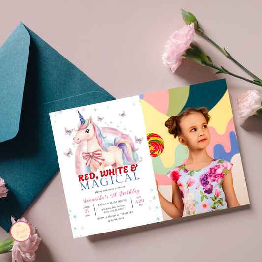 Patriotic Unicorn Birthday Invitation with Photo