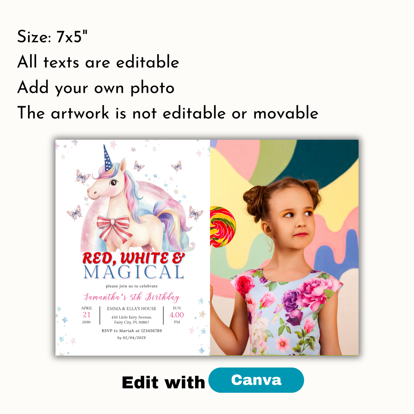 Patriotic Unicorn Birthday Invitation with Photo