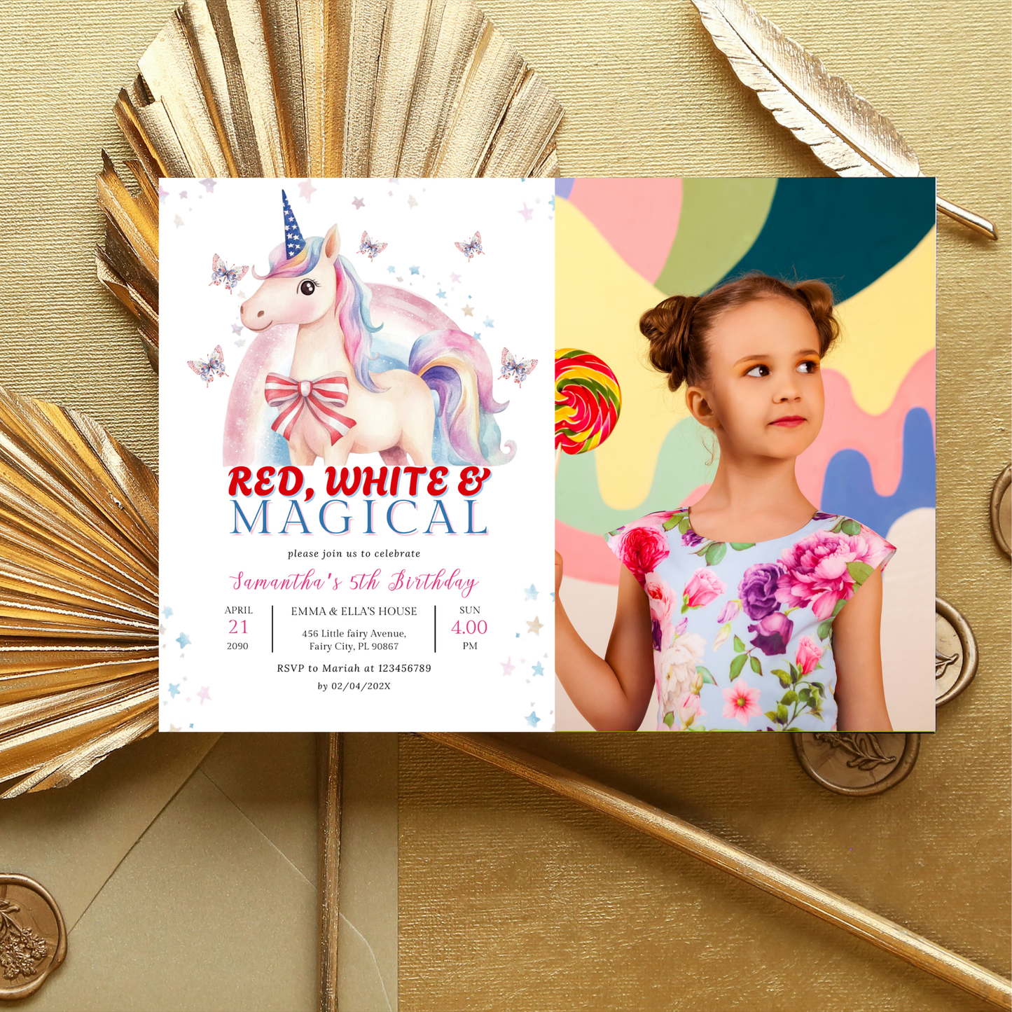 Patriotic Unicorn Birthday Invitation with Photo