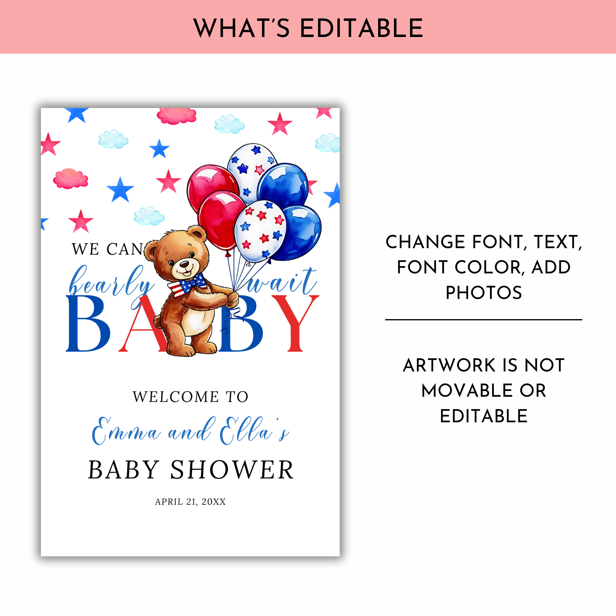 Patriotic Baby Shower Welcome Sign - Bear