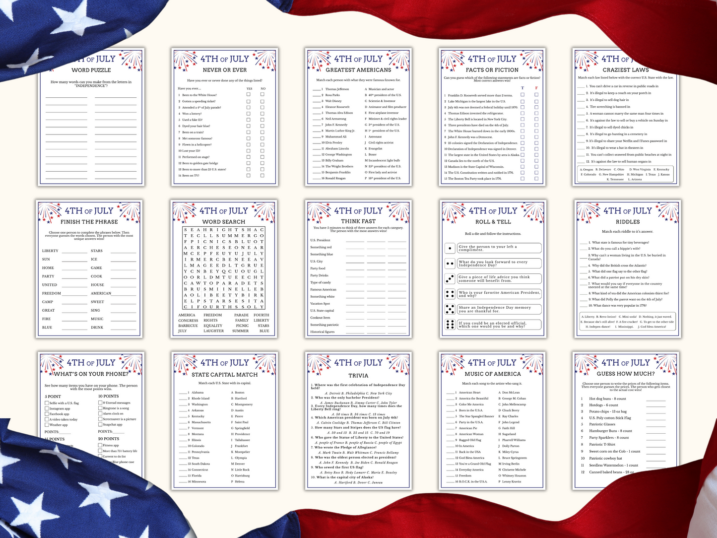 Fourth of July - 45 Printable Game