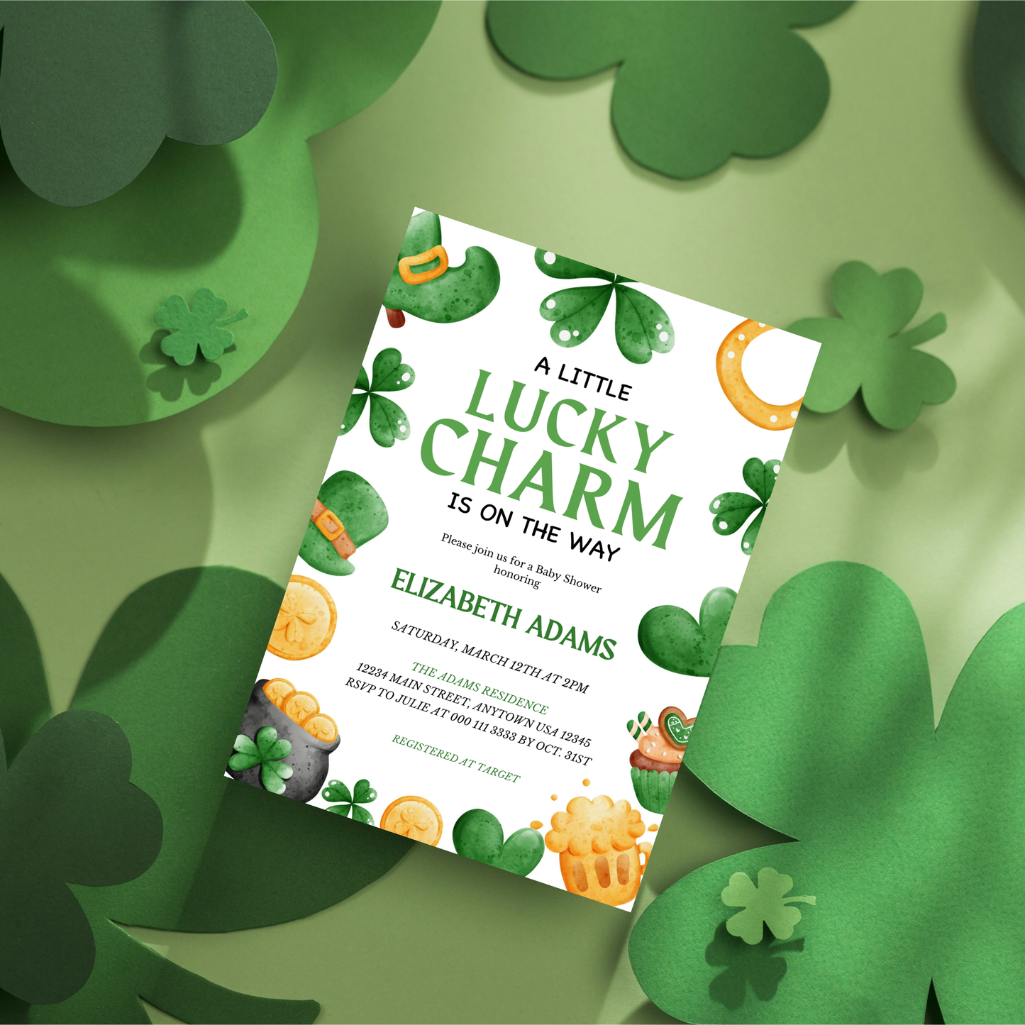 A Lucky Charm on the Way Baby Shower Invitation Bundle Editable - St Patrick's Day