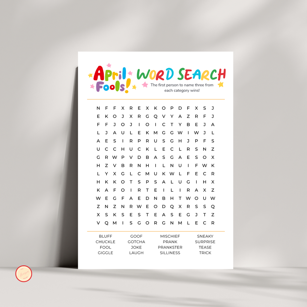 April Fool's Day word search puzzle on a white background