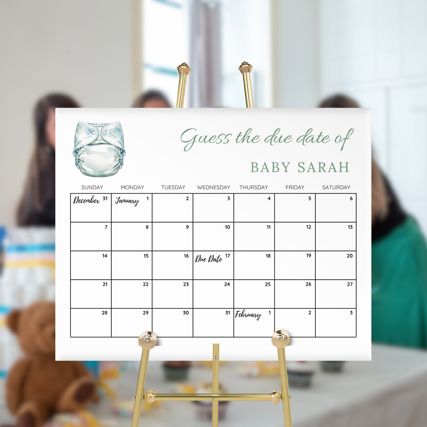 Diapers & Wipes Baby Due Date Calendar Game - Green