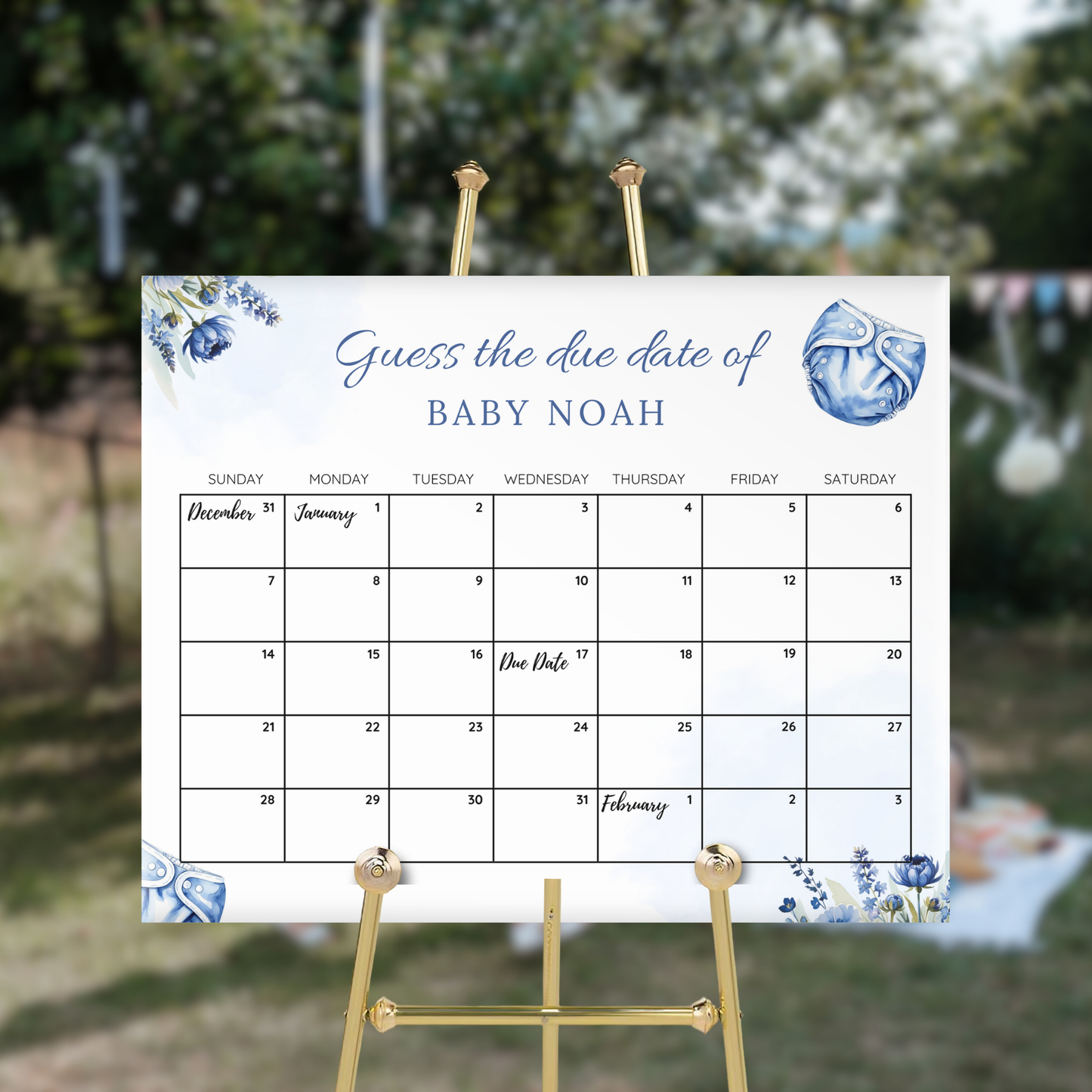 Diapers & Wipes Baby Due Date Calendar Game - Blue