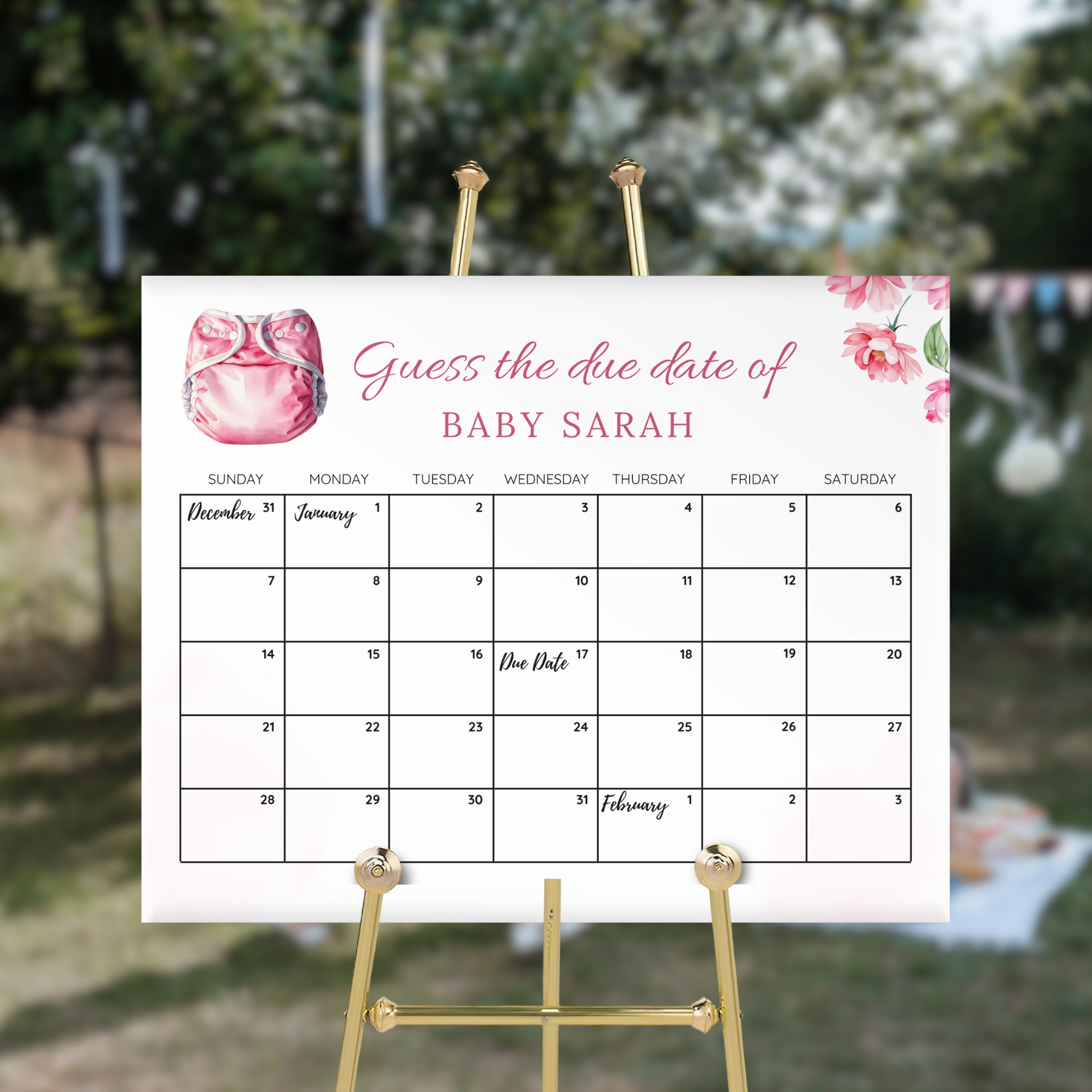 Diapers & Wipes Baby Due Date Calendar Game - Pink