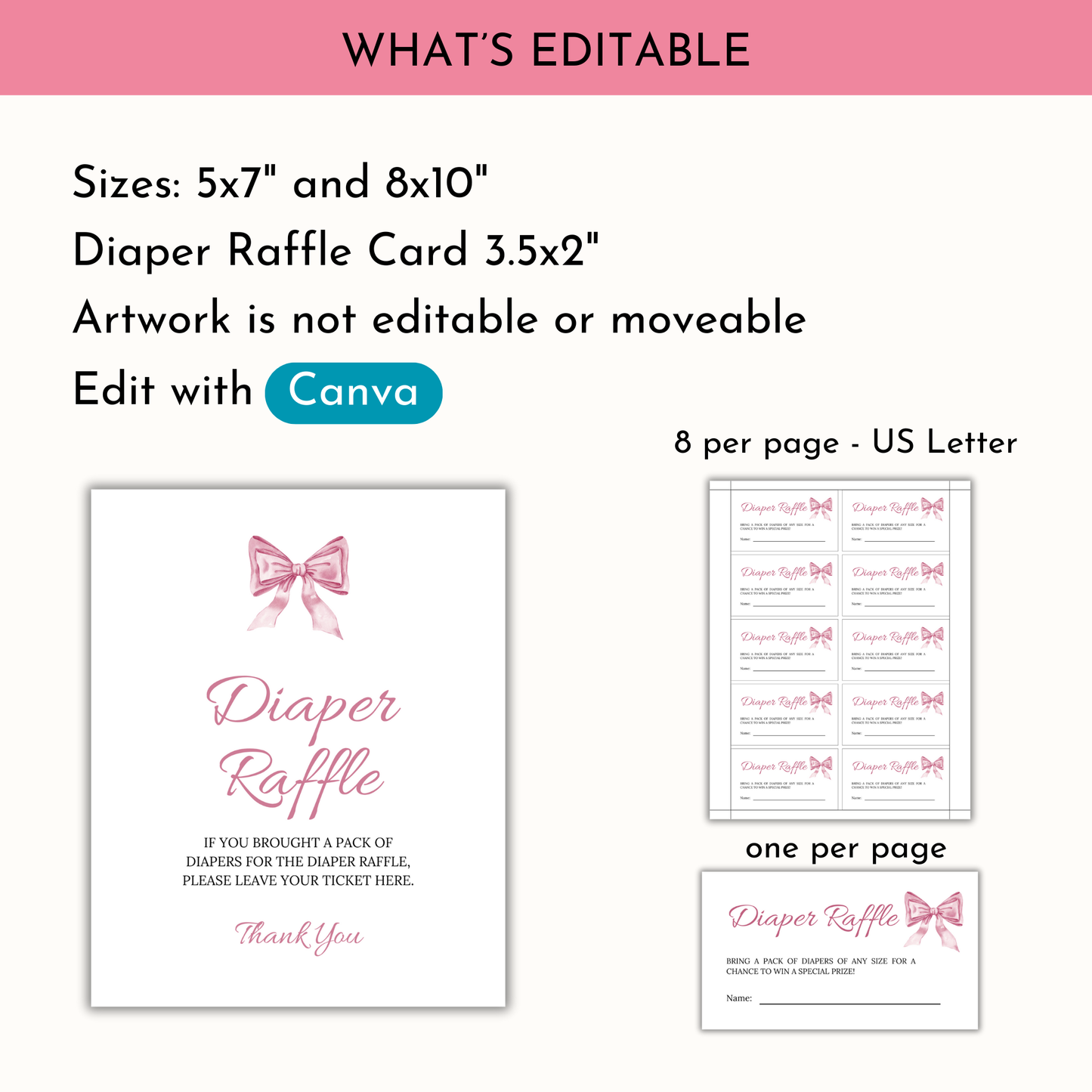 Diaper Raffle Sign and Card - Pink Bow