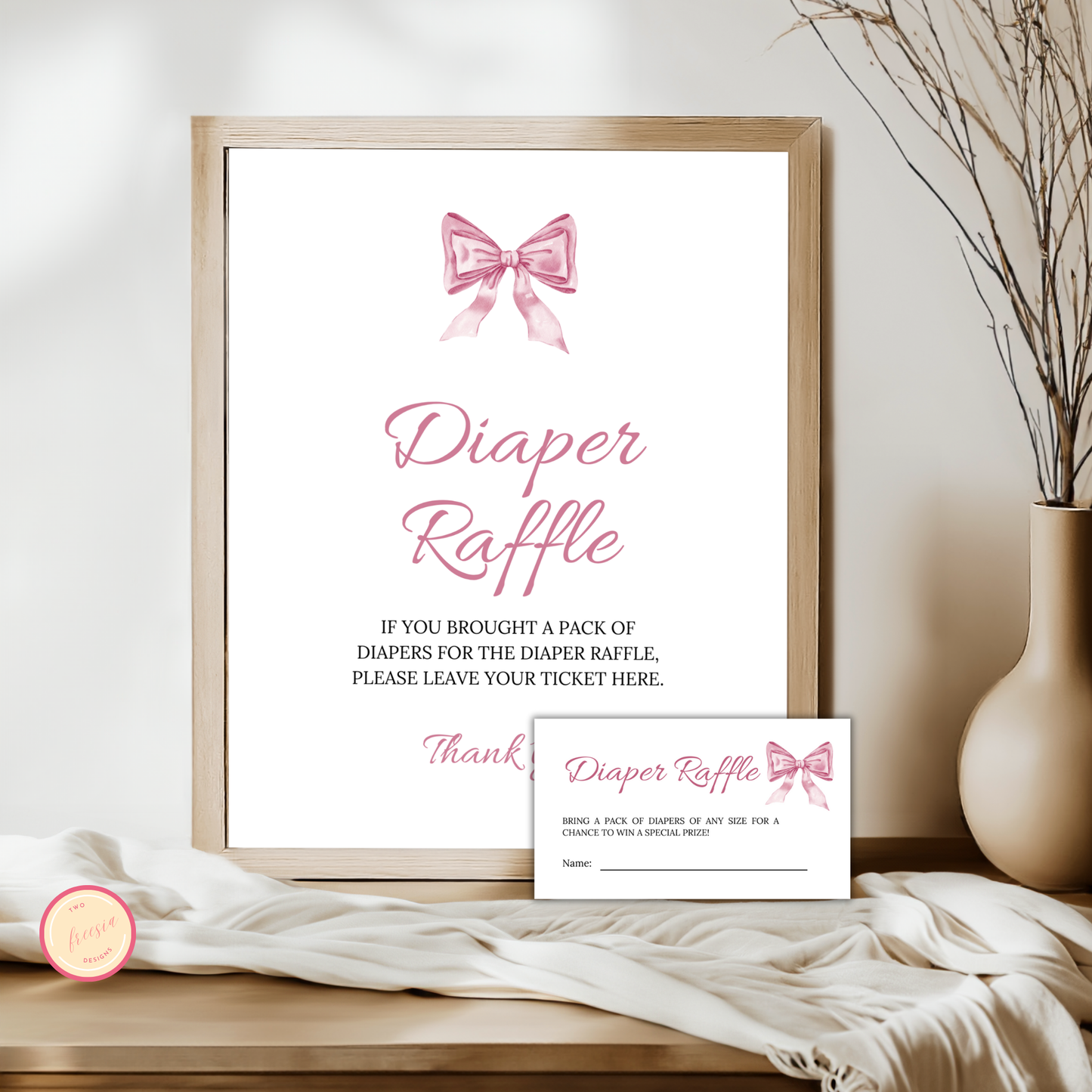 Diaper Raffle Sign and Card - Pink Bow