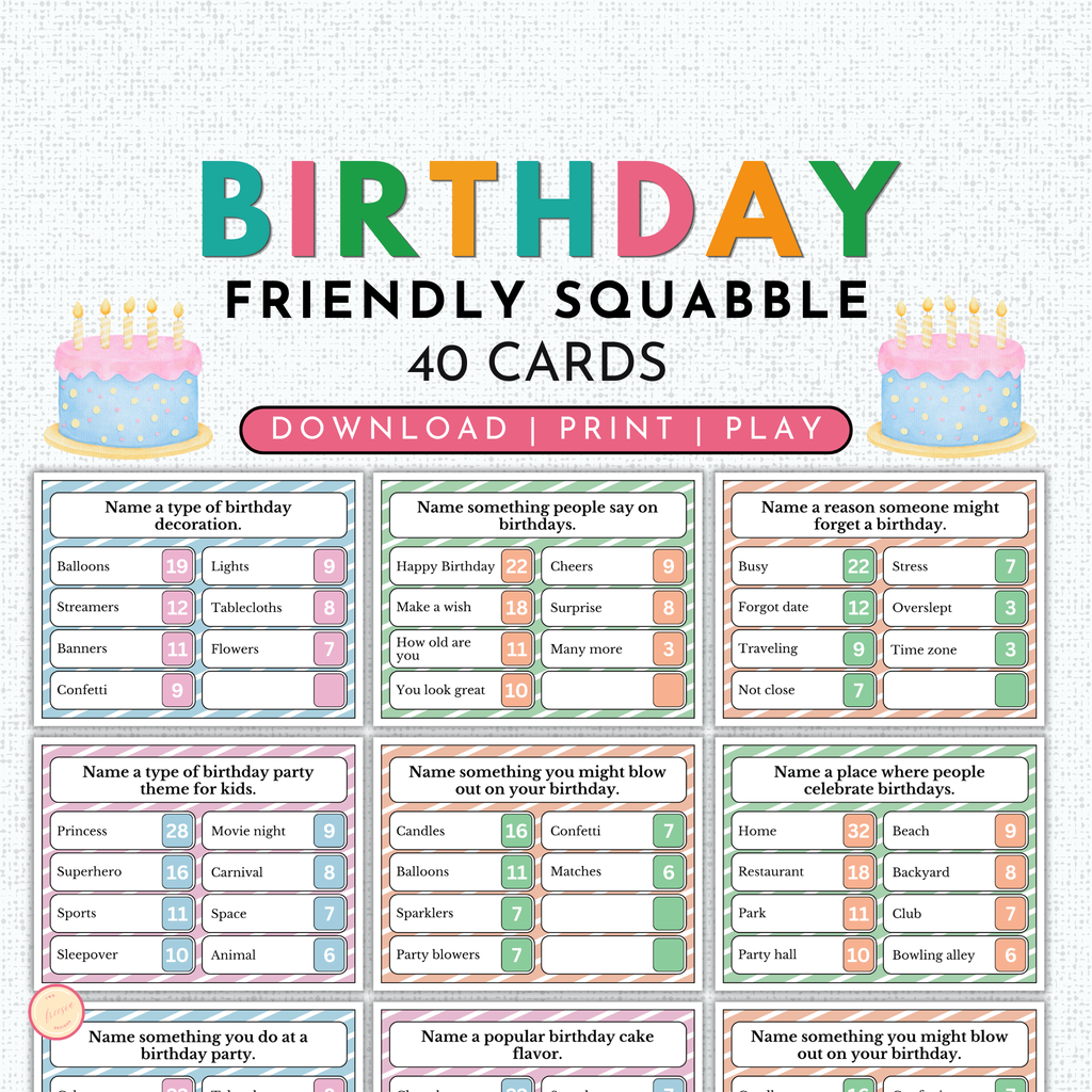 Printable Birthday Friendly Squabble Game Bundle for Adults, Family ...