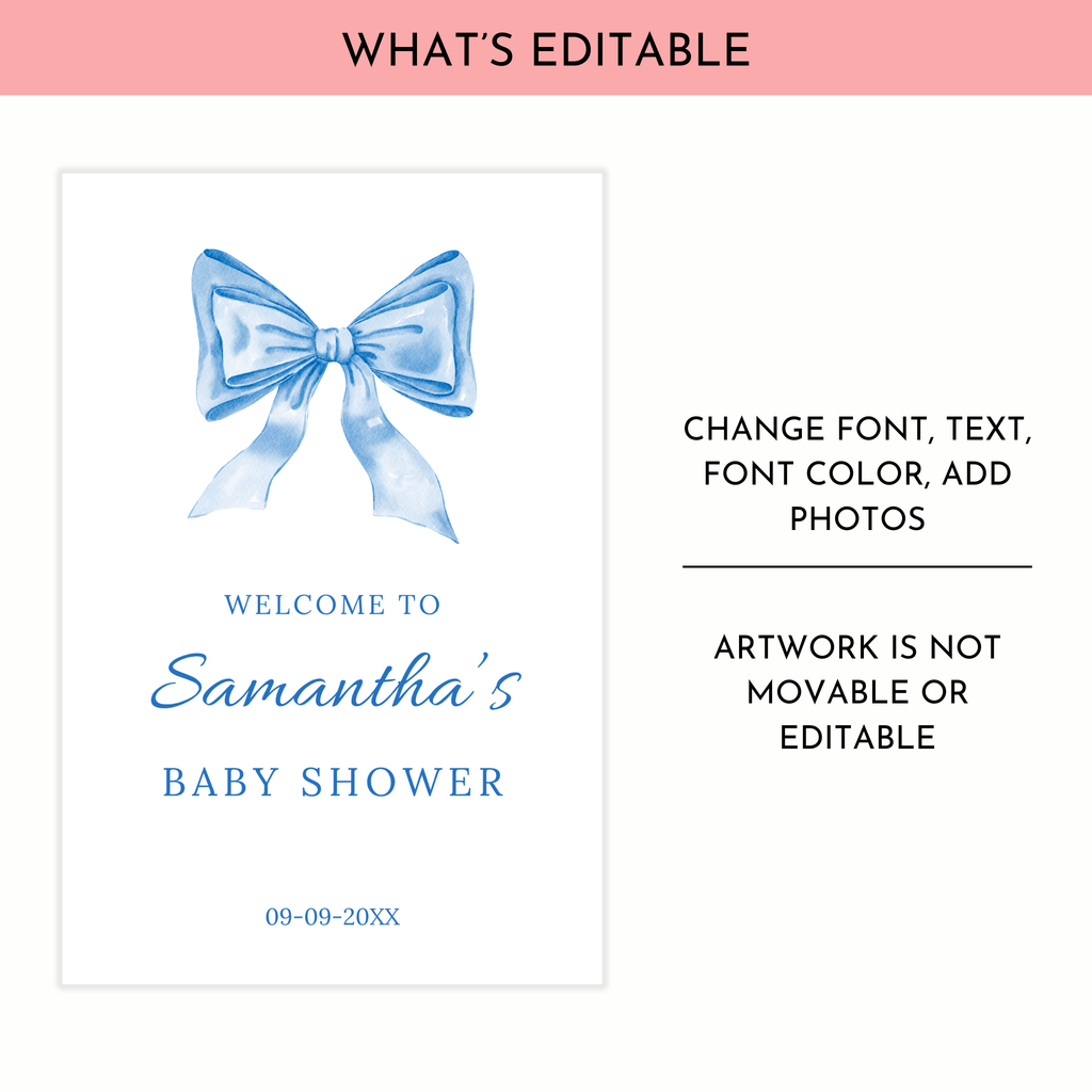 Blue Bow Baby Shower Welcome Sign