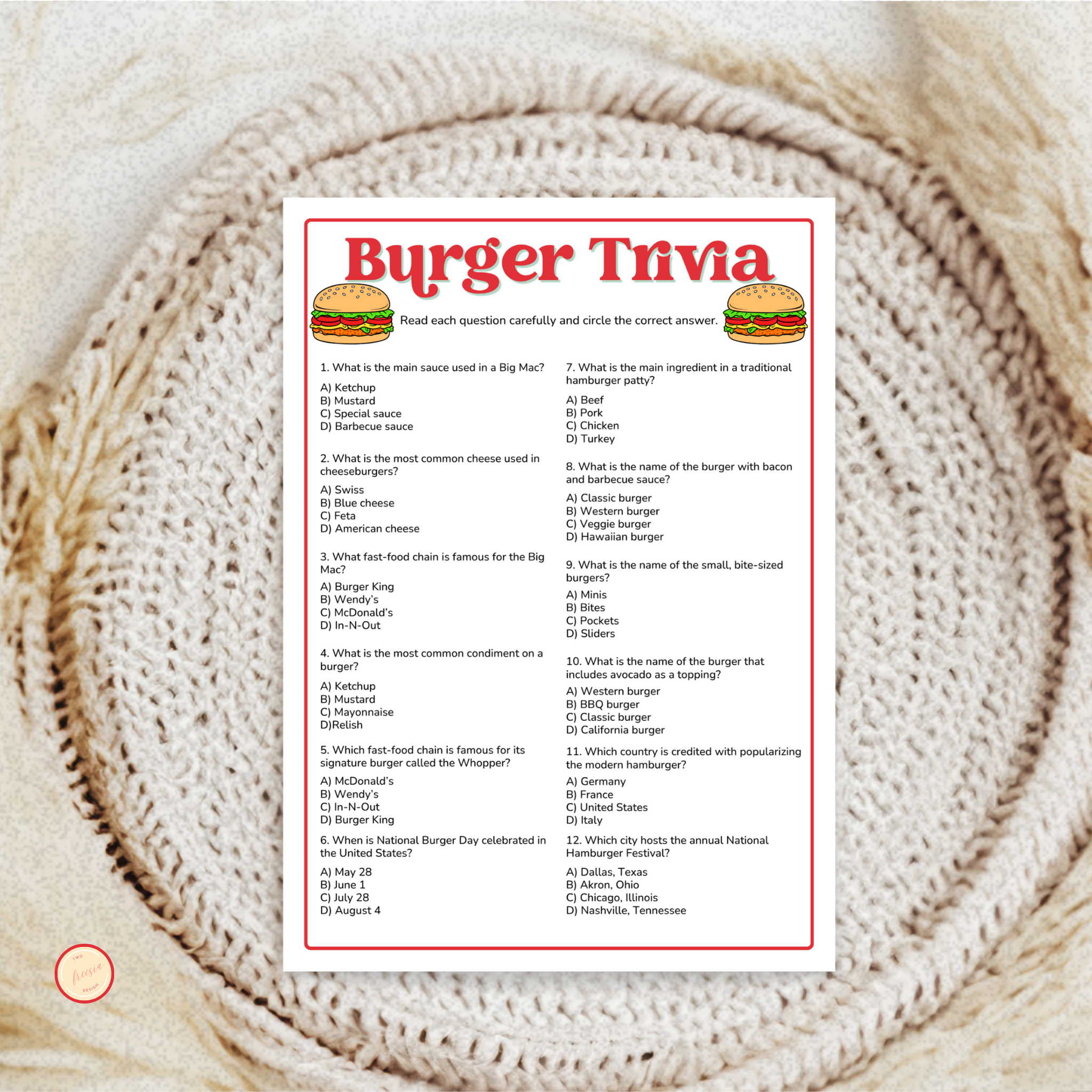 Burger Trivia Game