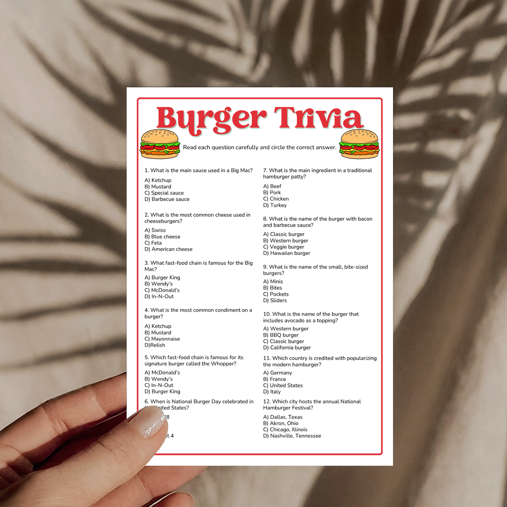 Burger Trivia Game