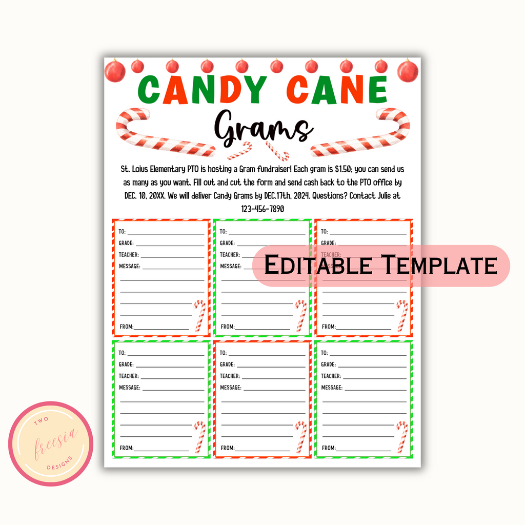 Editable Christmas Candy Cane Gram - School Pto Pta