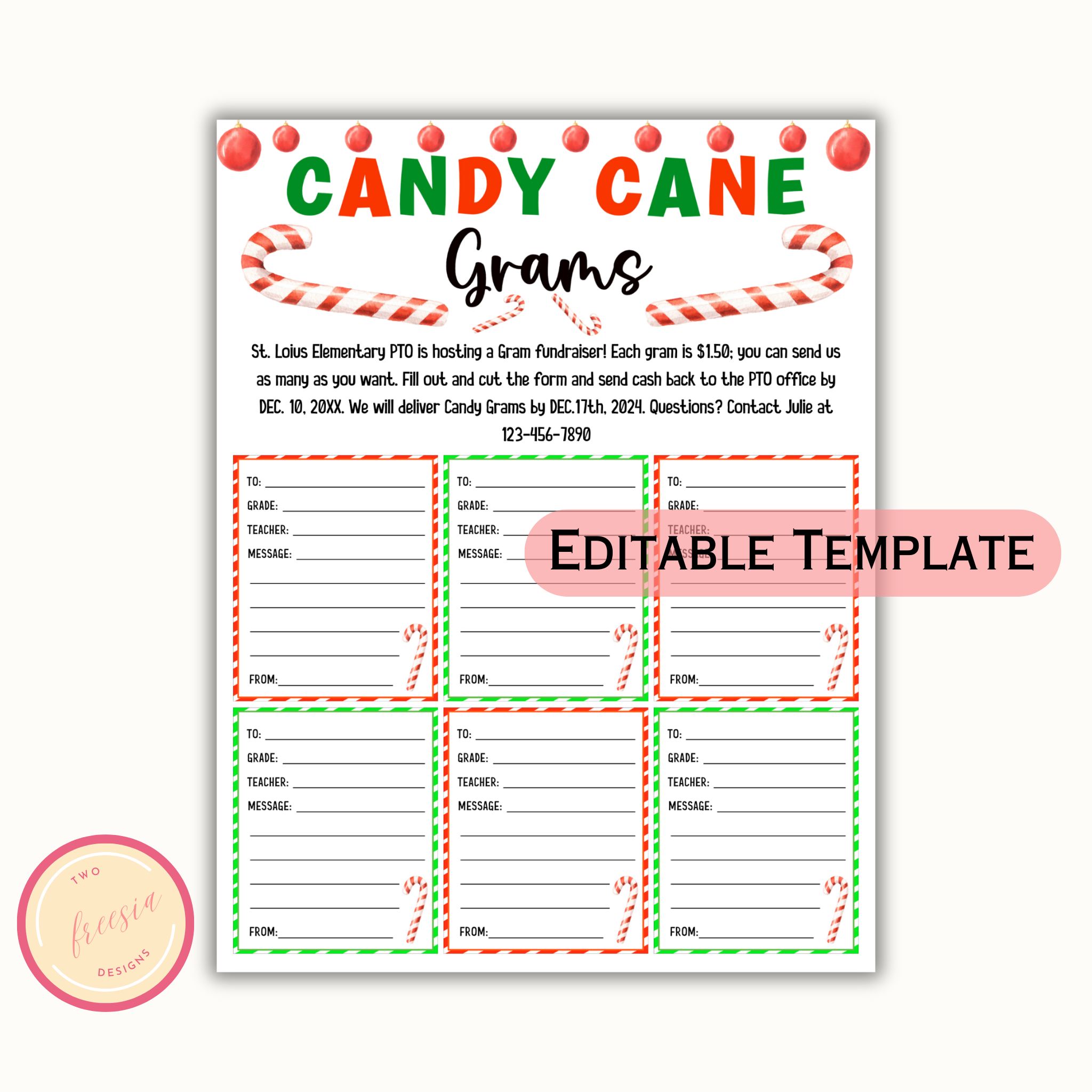 Editable Christmas Candy Cane Gram - School Pto Pta