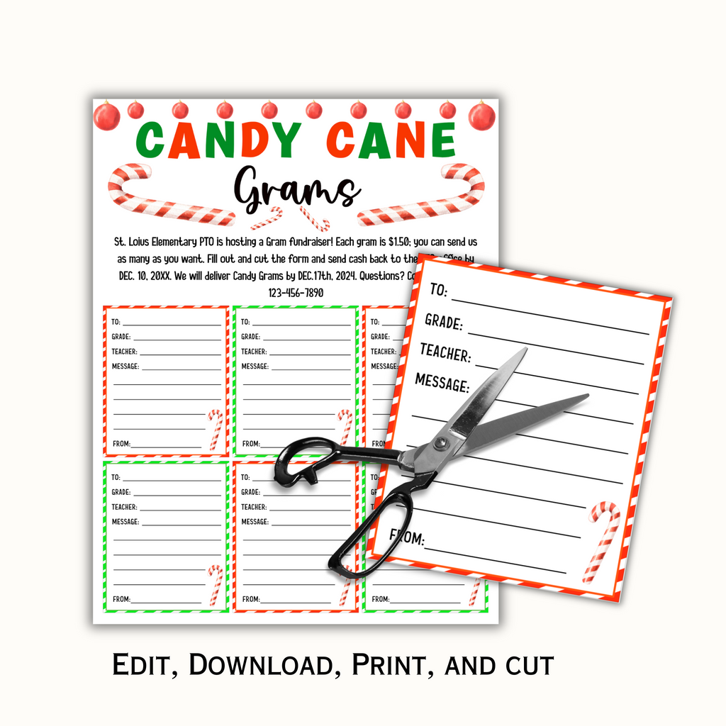 Editable Christmas Candy Cane Gram - School Pto Pta
