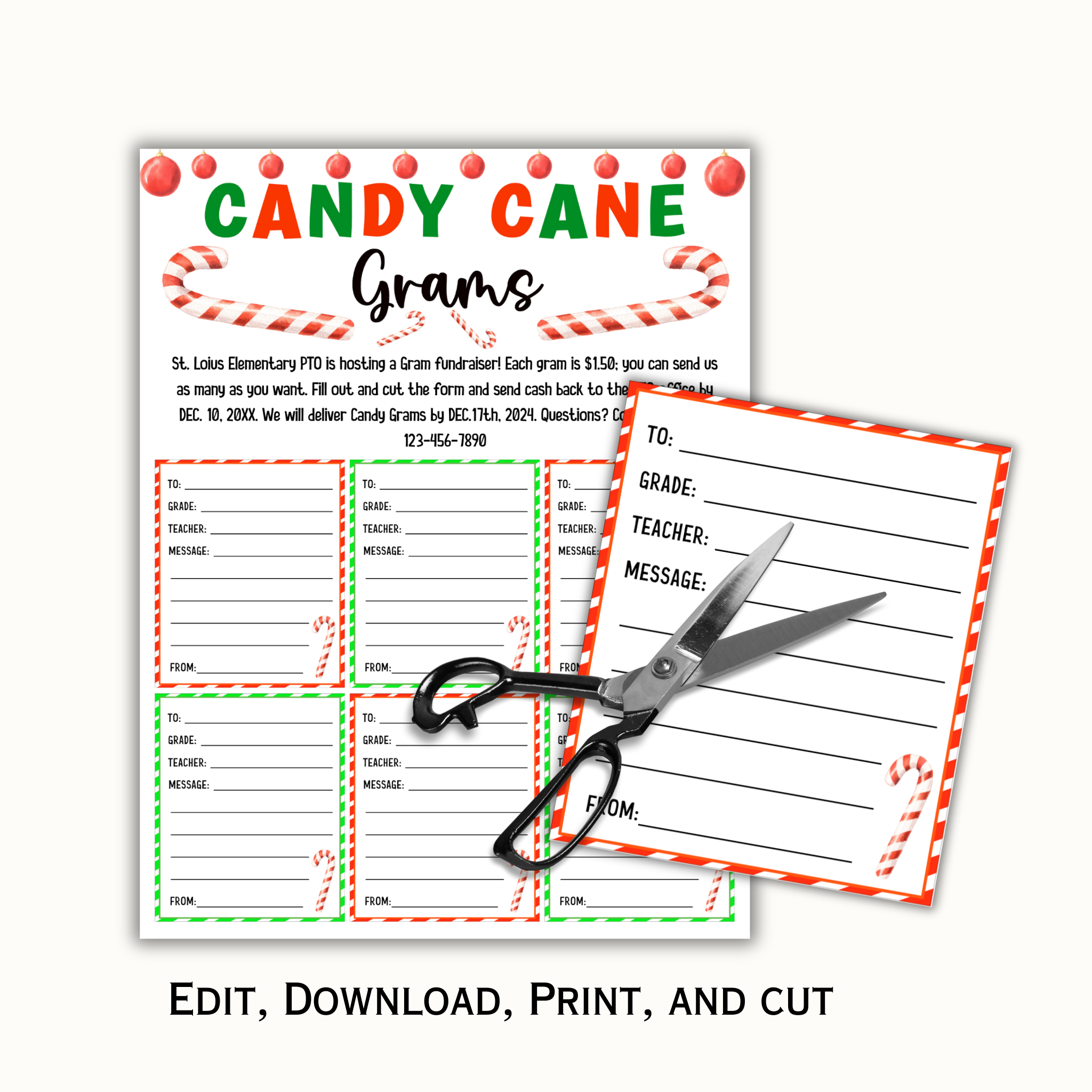 Editable Christmas Candy Cane Gram - School Pto Pta