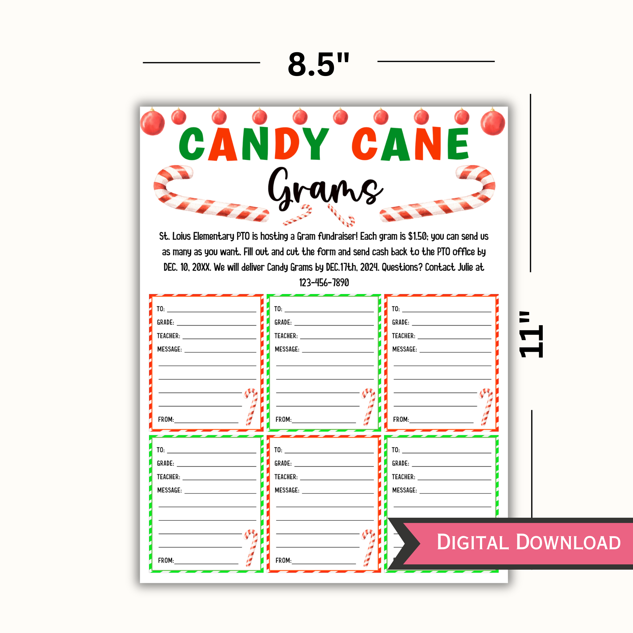 Editable Christmas Candy Cane Gram - School Pto Pta