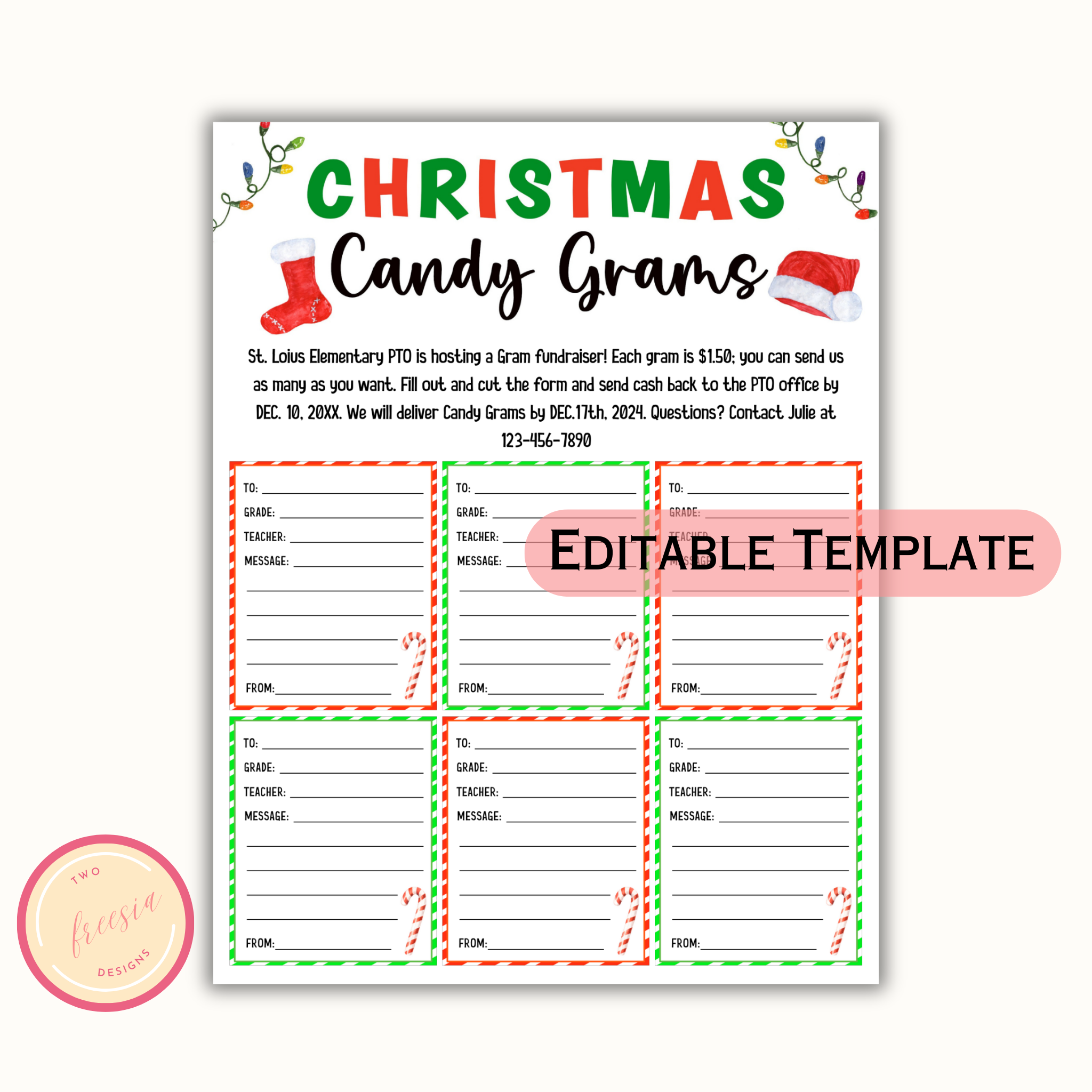 Editable Christmas Candy Cane Gram - School Pto Pta