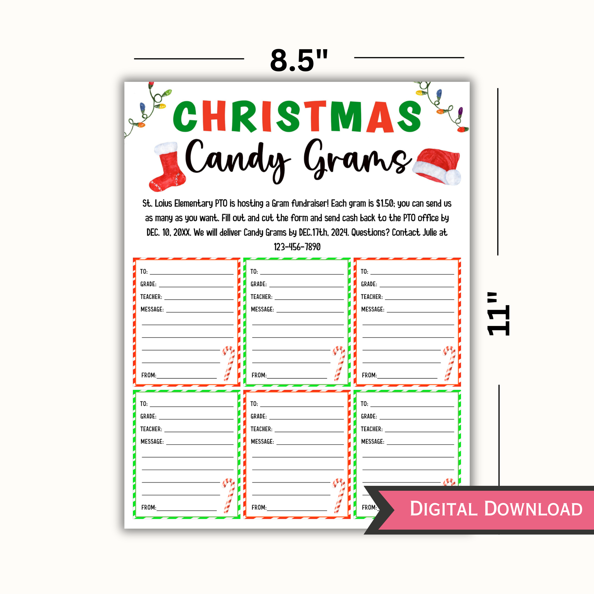 Editable Christmas Candy Cane Gram - School Pto Pta