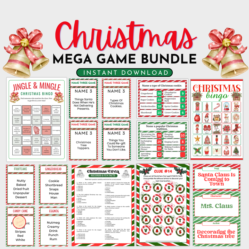 A Christmas-themed digital game bundle - game boards, bingo cards, and activity 